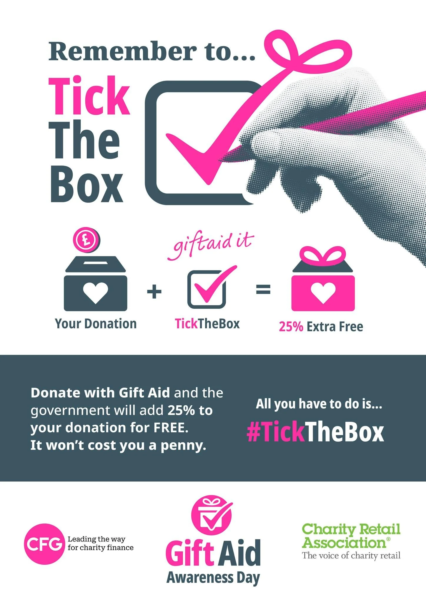 Today is Gift Aid Awareness Day 2026 led by the @Charity Finance Group (CFG) as part of its #TickTheBox campaign.

As a UK based Registered Charity, we can claim Gift Aid - adding an extra 25p for every &pound;1 on any eligible donations

Gift Aid ge