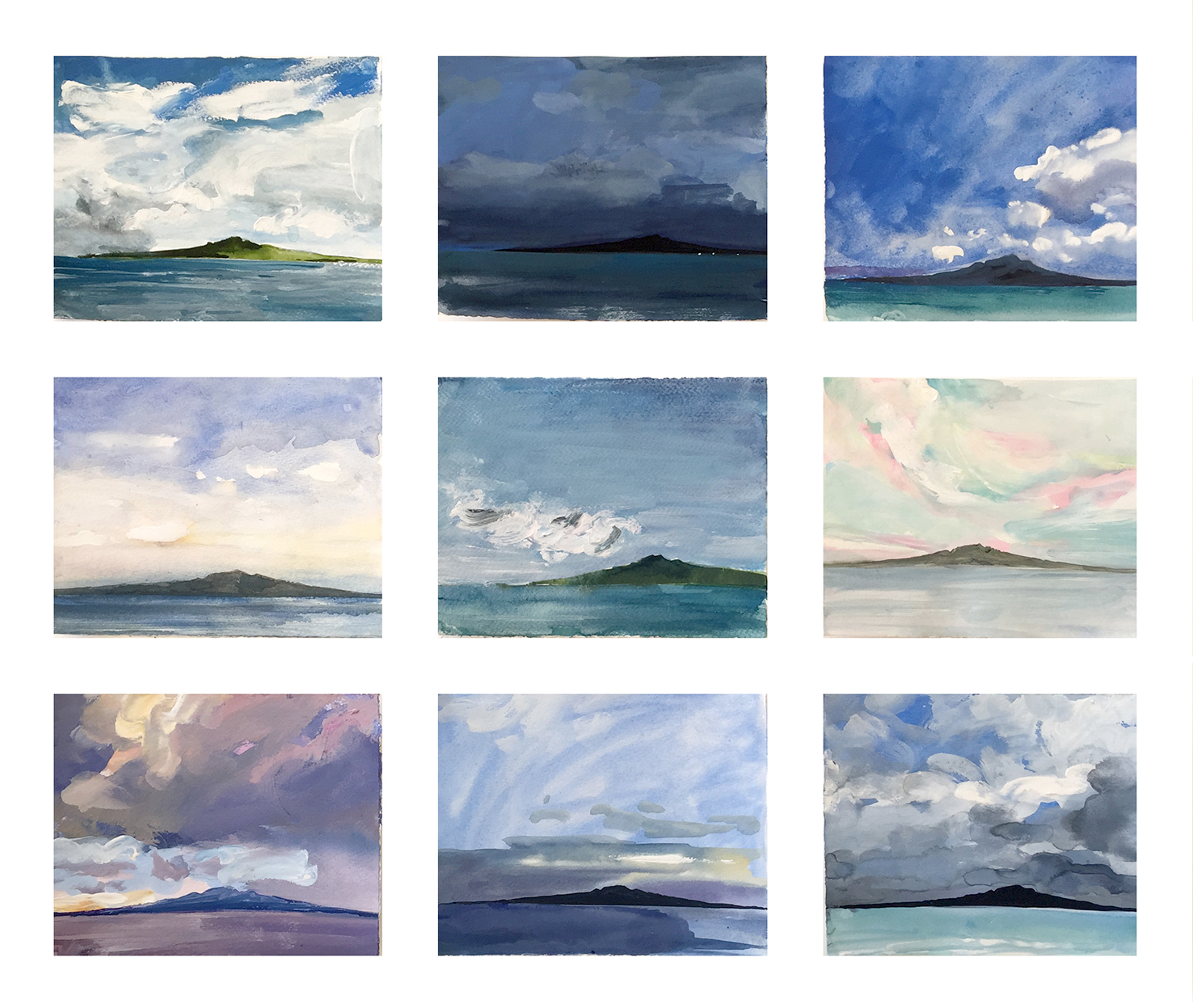 Rangitoto studies of weather and light # 2 framed series of 9 originals