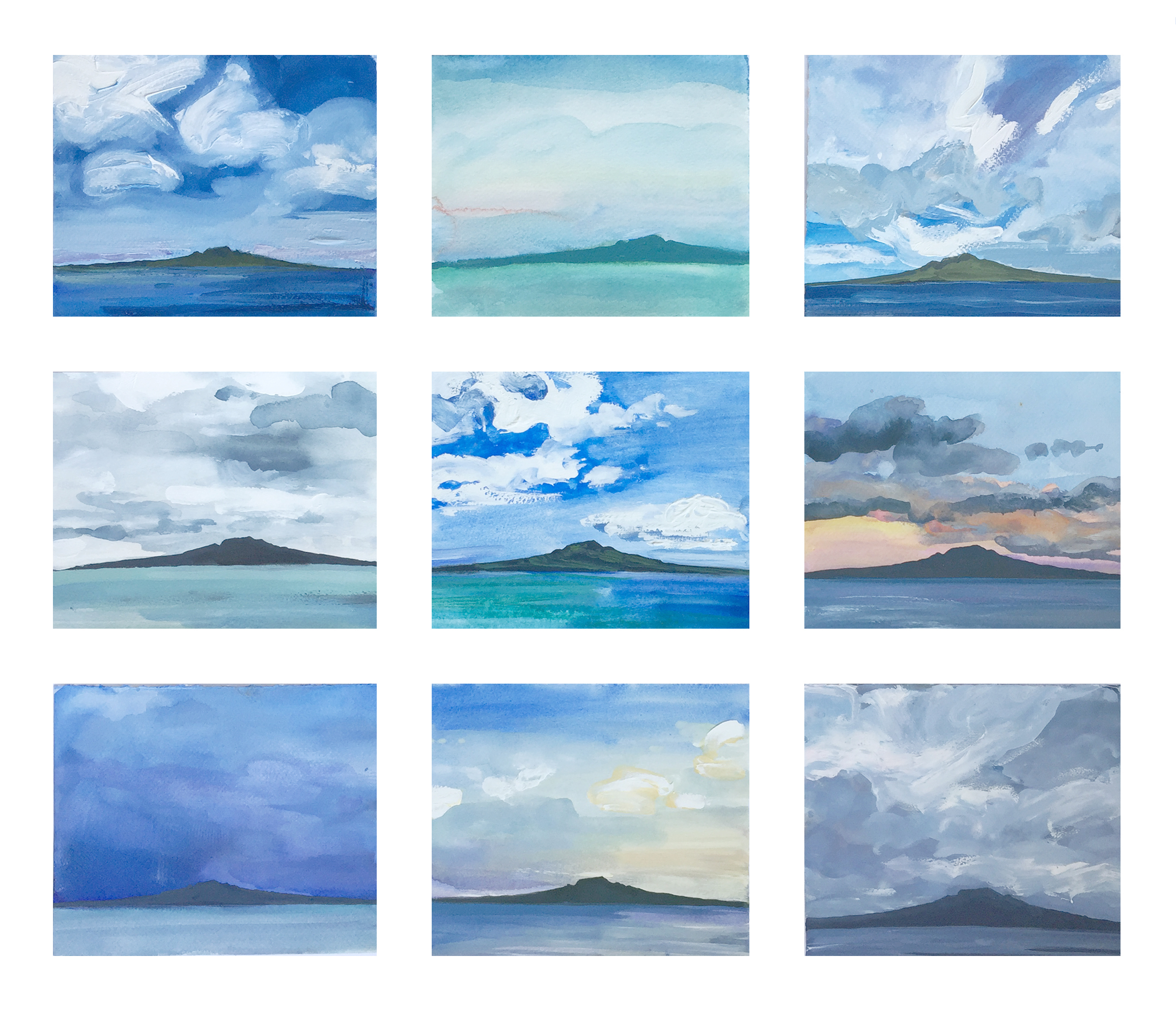 Rangitoto studies of weather and light # 3 framed series of 9 originals