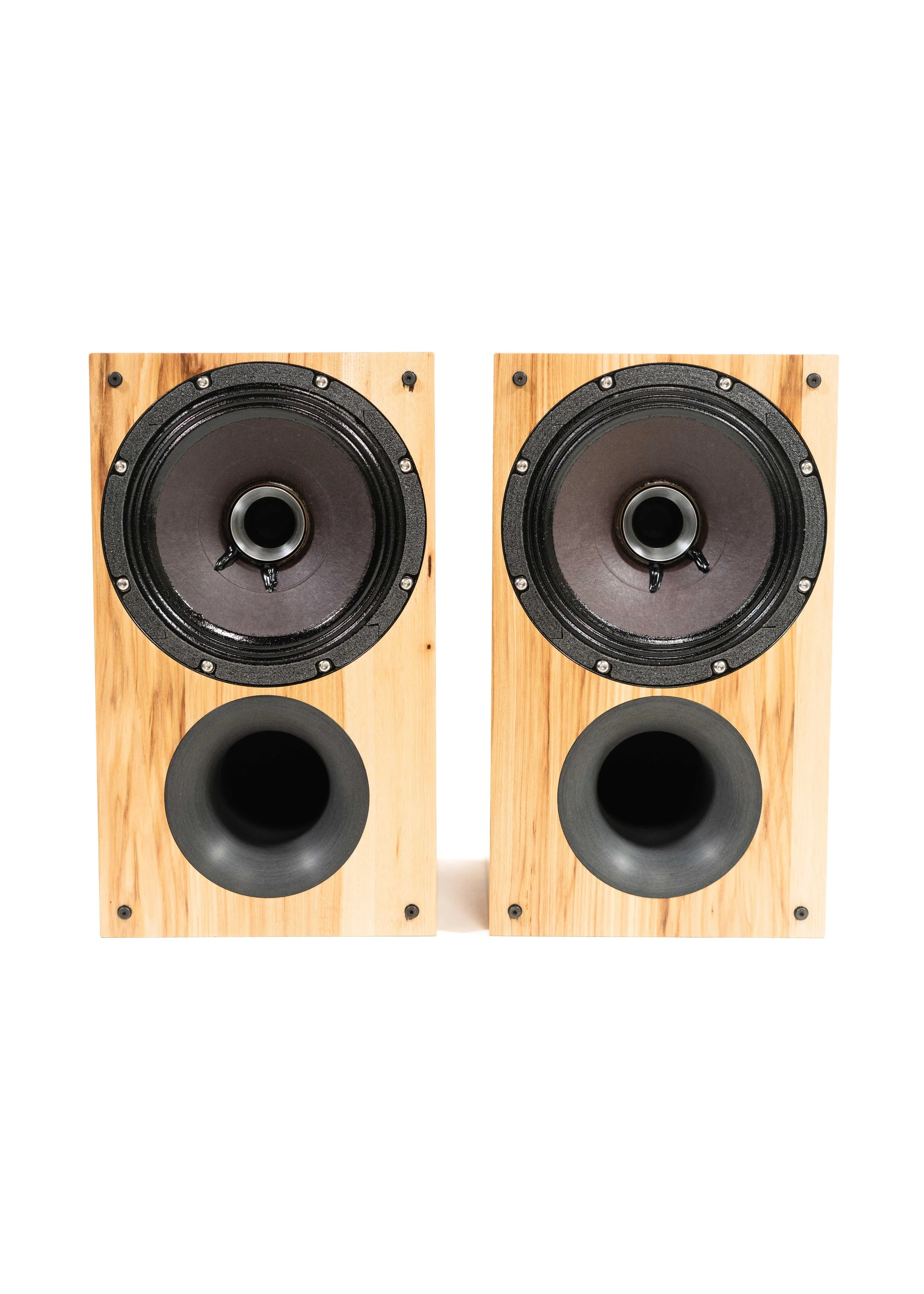 Head-on photo of Zu Method Bookshelf speakers finished in rustic hickory.
