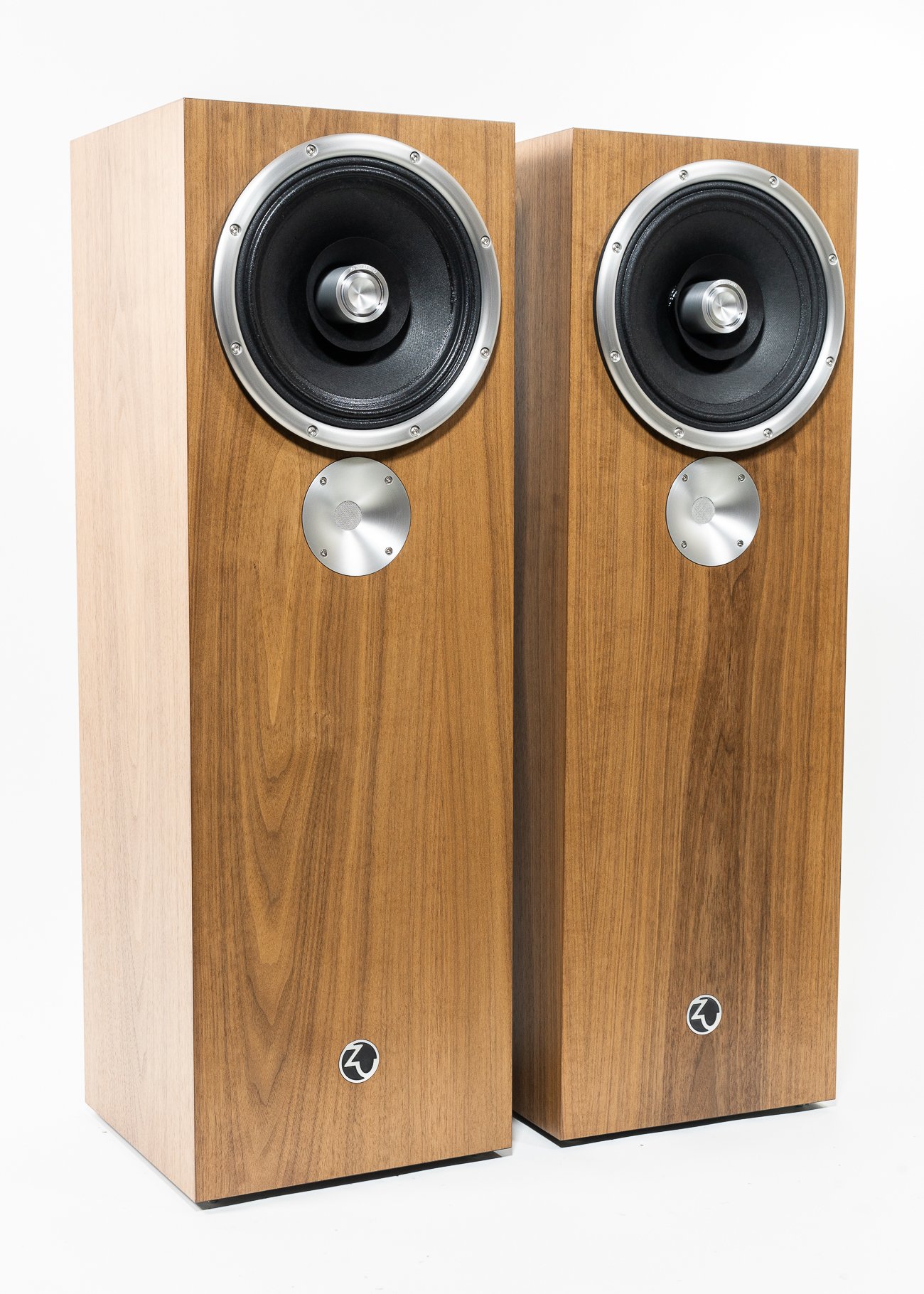 Isometric view photo of Zu Dirty Weekend Six loudspeaker finished in American walnut and trimmed in silver machined aluminum - matched pair.
