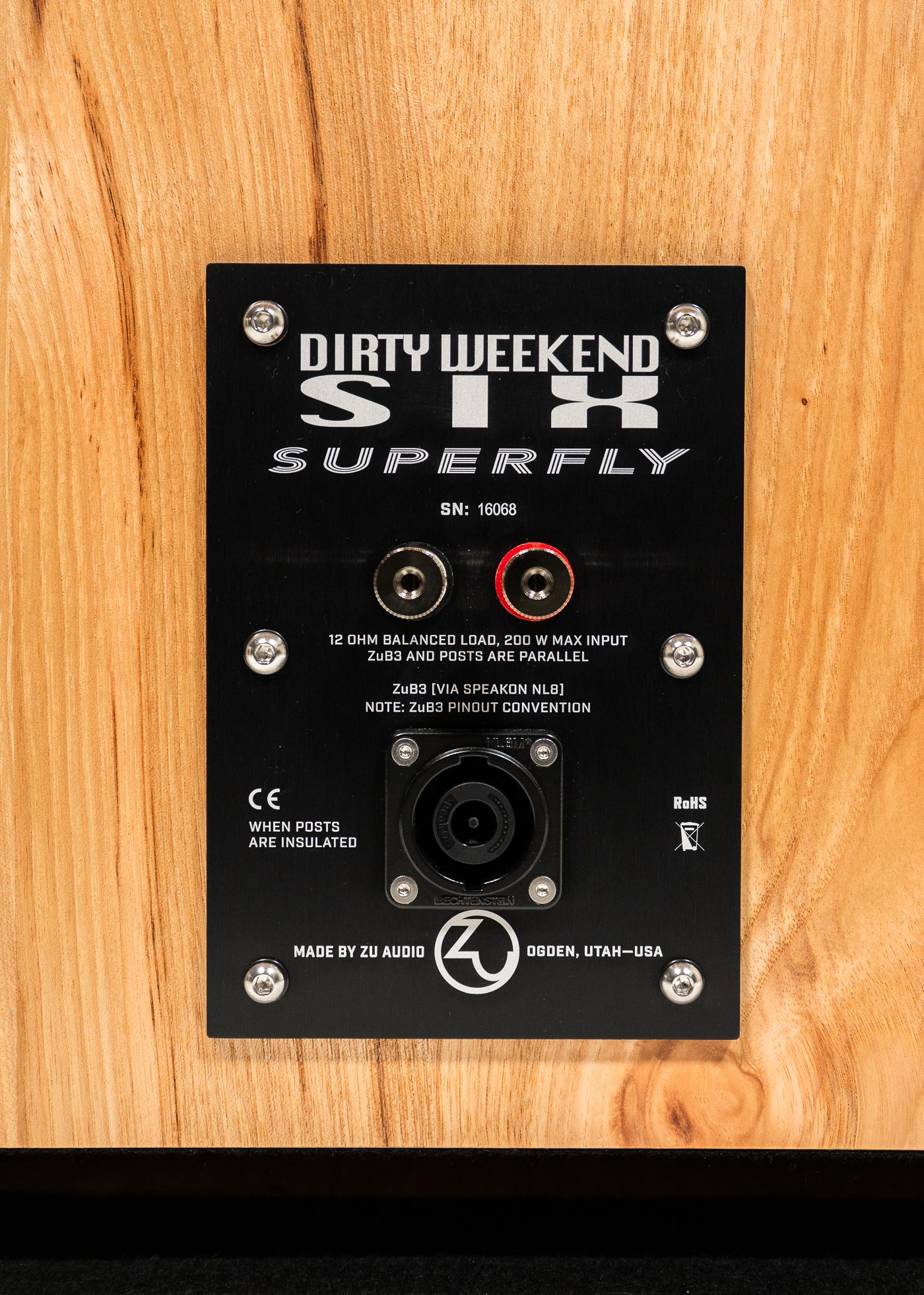 Nameplate and connections of Zu DW-6 Superfly loudspeaker.