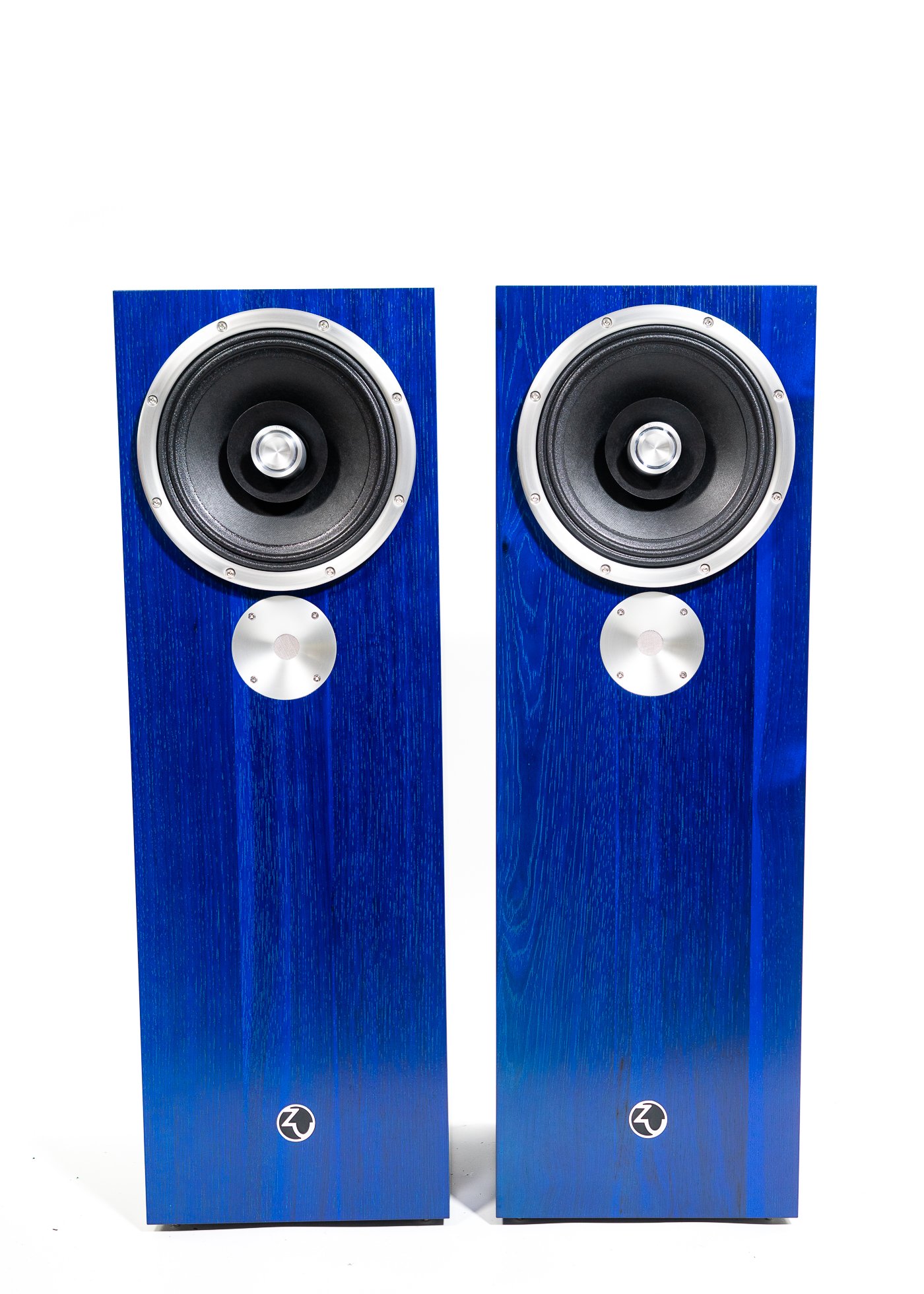 Photo of Zu DW-6 Superfly loudspeaker finished electric blue candy over rustic hickory and silver trim - matched pair.
