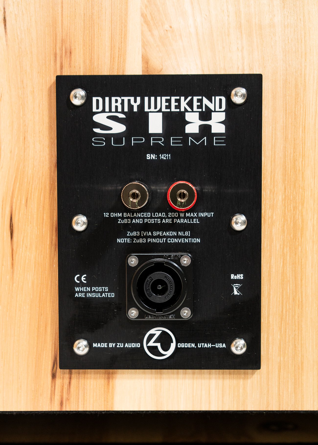 Closeup photo of Zu DW6 nameplate and connections.