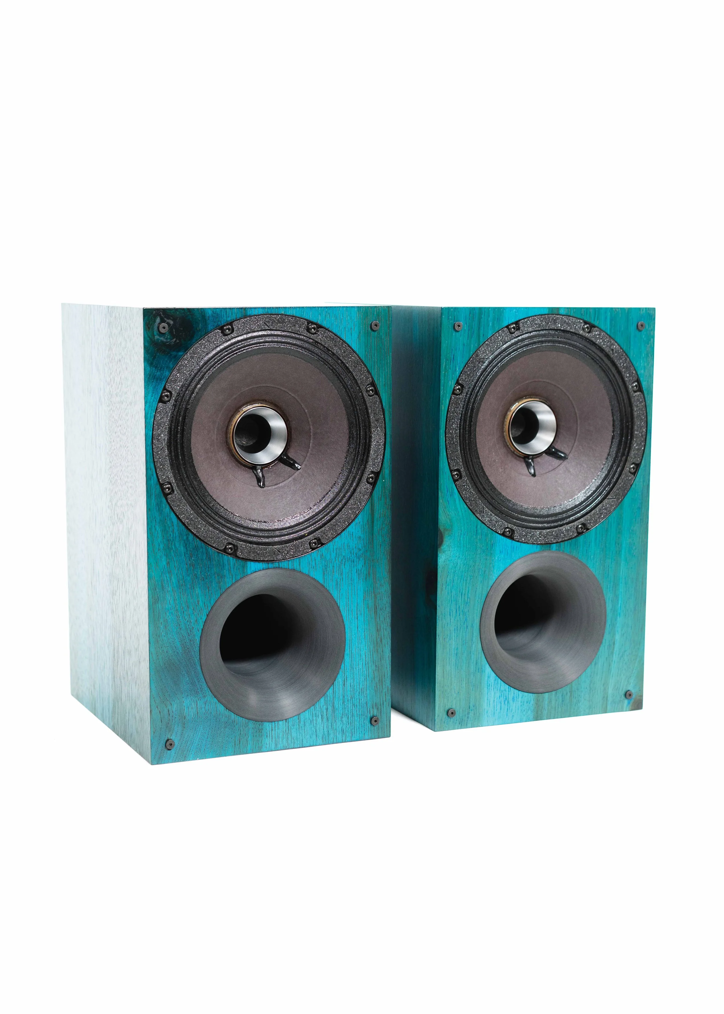 Photo of Zu Method Bookshelf speaker finished in tri-coat blue-teal candy over hickory.