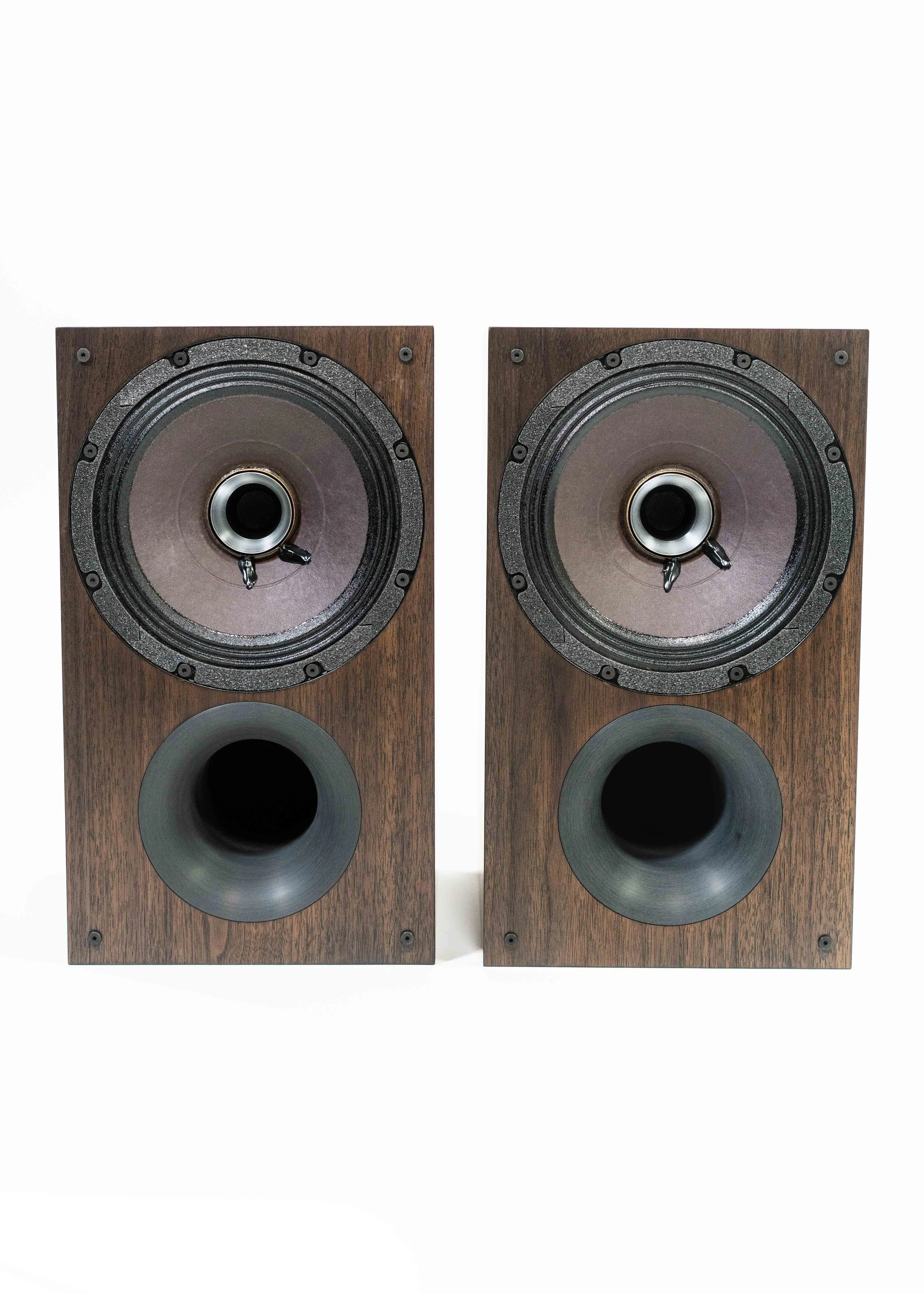 Head-on photo of Zu Method Bookshelf speakers finished in hand rubbed dark walnut.