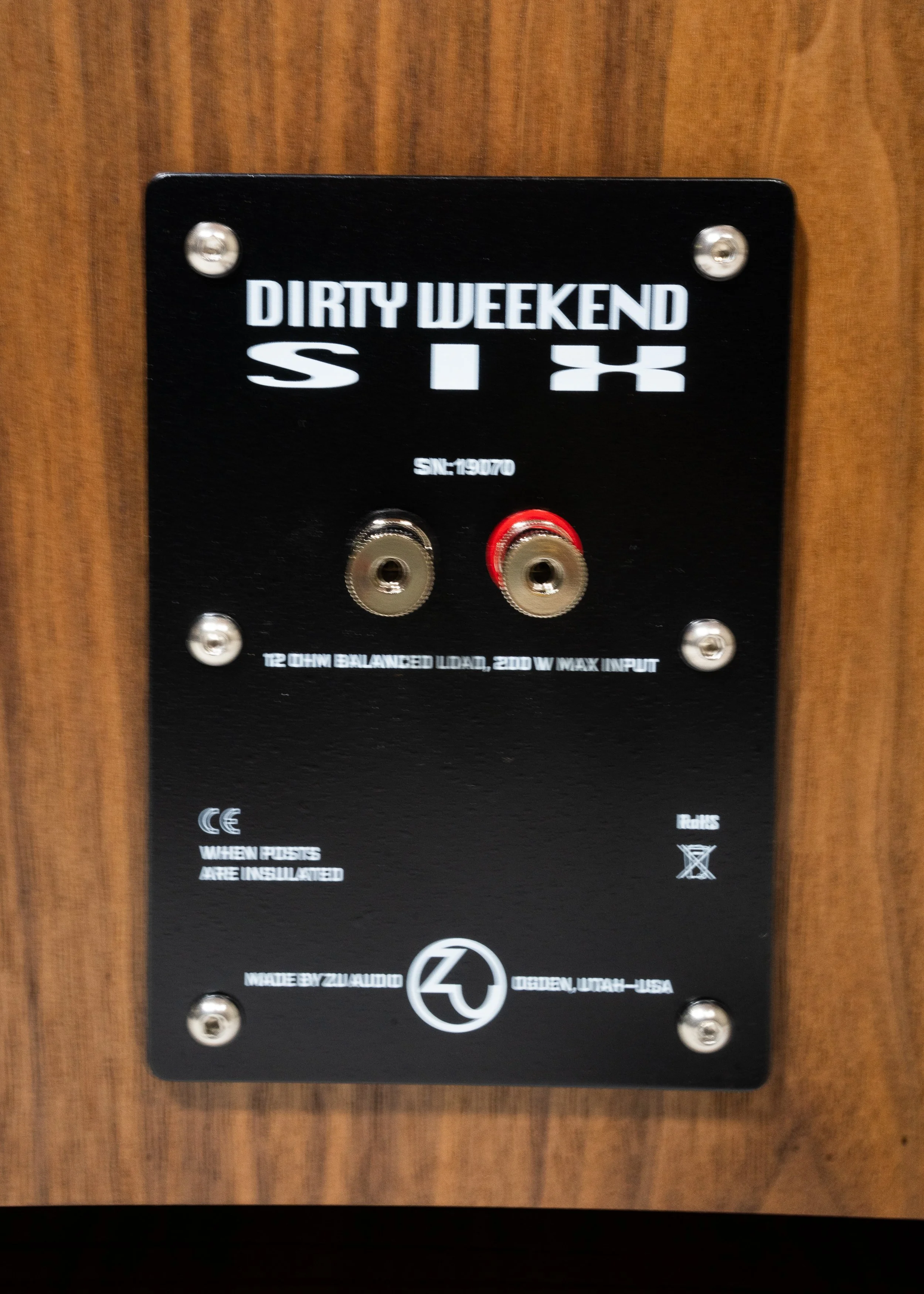 Nameplate closeup of DW6 loudspeaker.