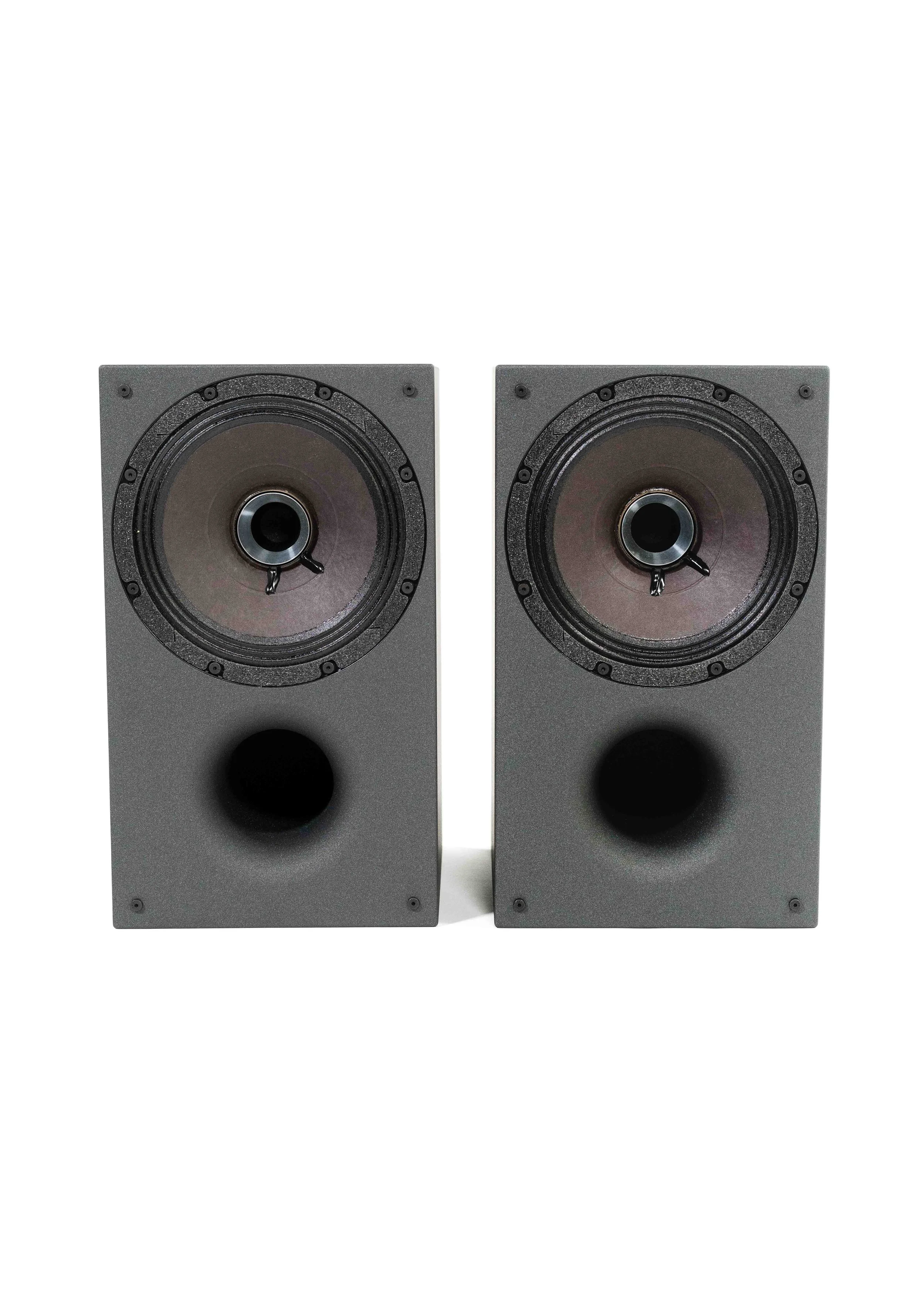 Photo of Zu Method Bookshelf pair finished in cosmic carbon including port tube.