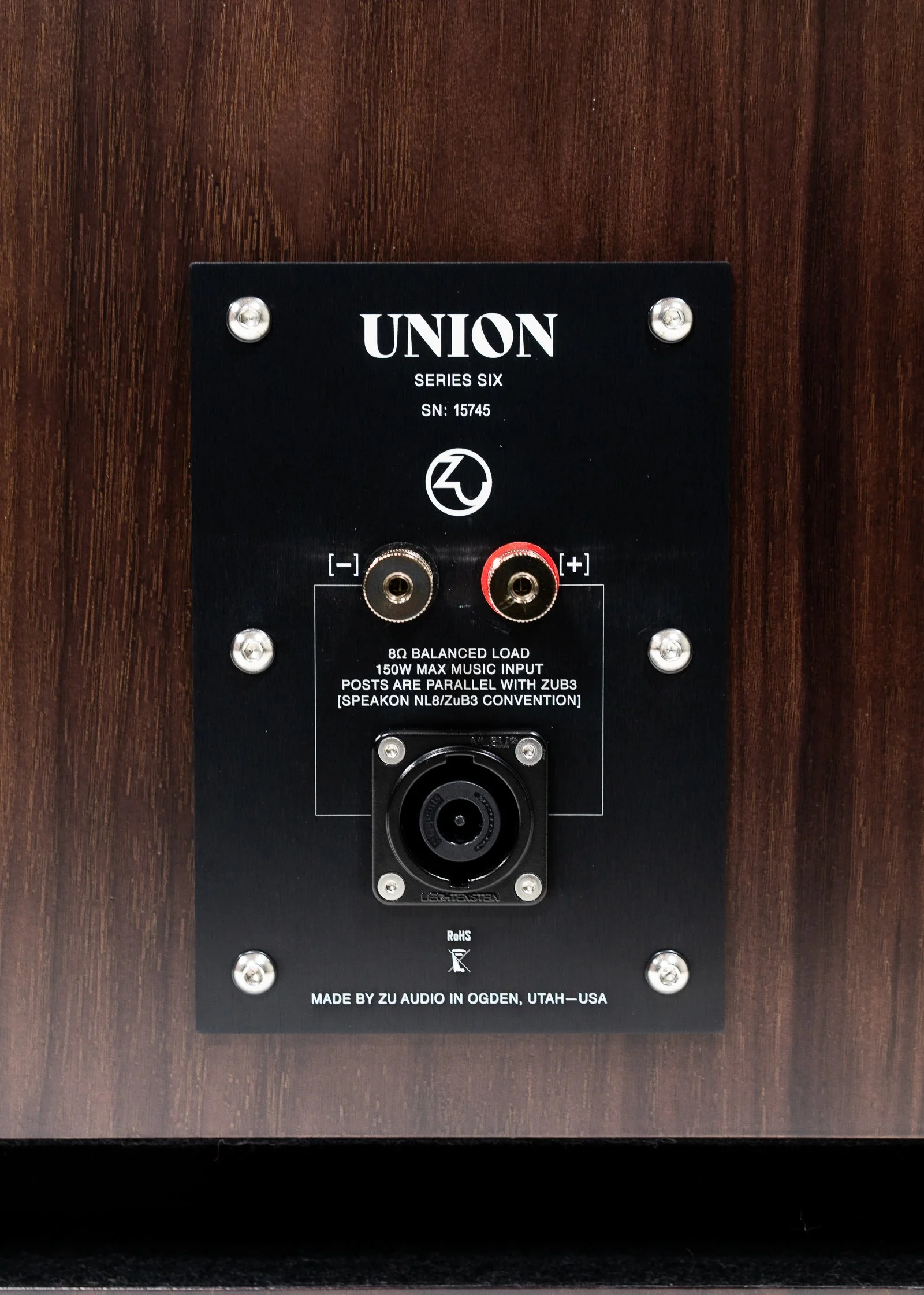 Closeup photo of Zu Union Six loudspeaker's nameplate and input connectors.