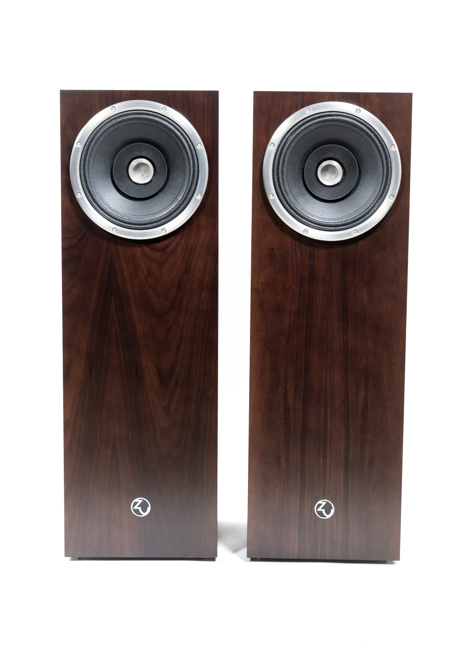Photo of Zu Union Six loudspeakers finished in dark brown American walnut.