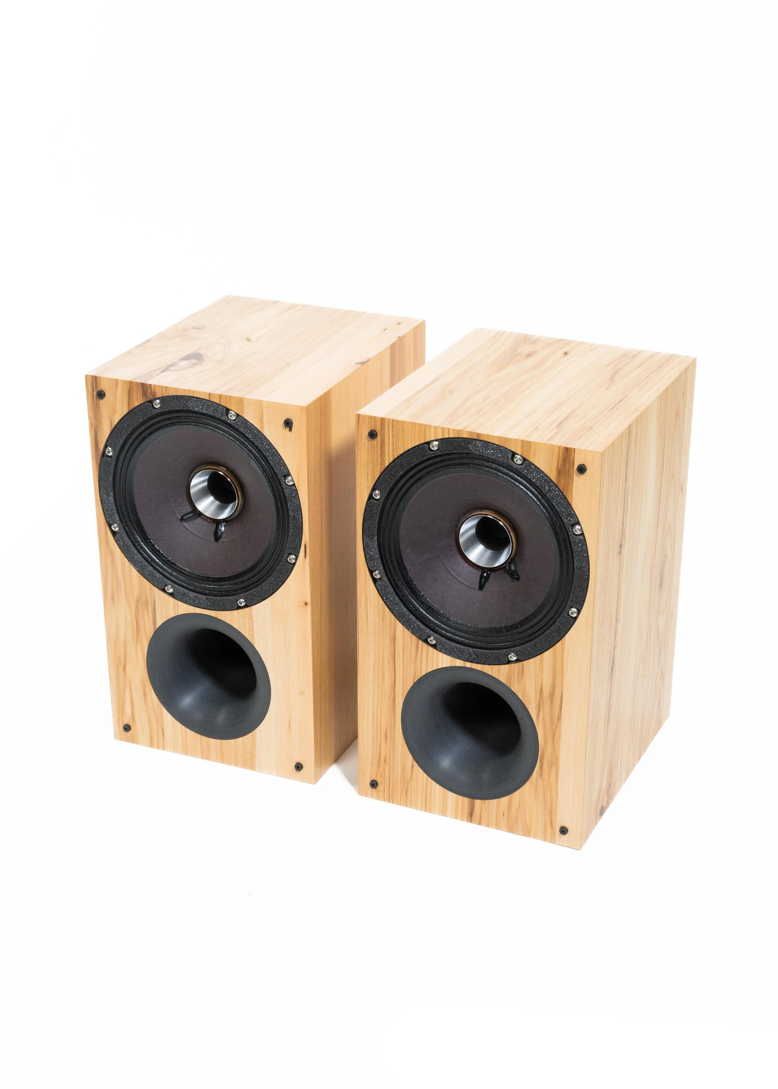 Isometric view photo of Zu Method Bookshelf loudspeakers finished in rustic hickory.