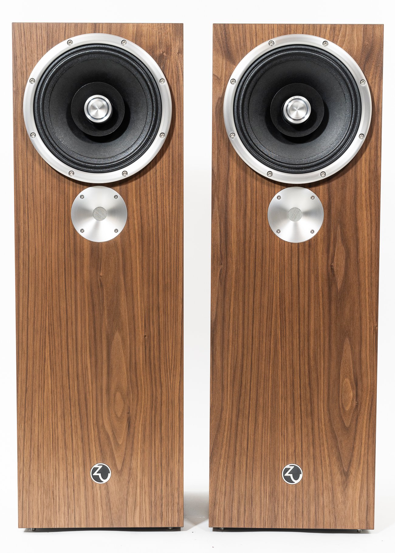 Photo of Zu DW-6 Superfly loudspeakers finished in walnut and silver trim - matched pair.