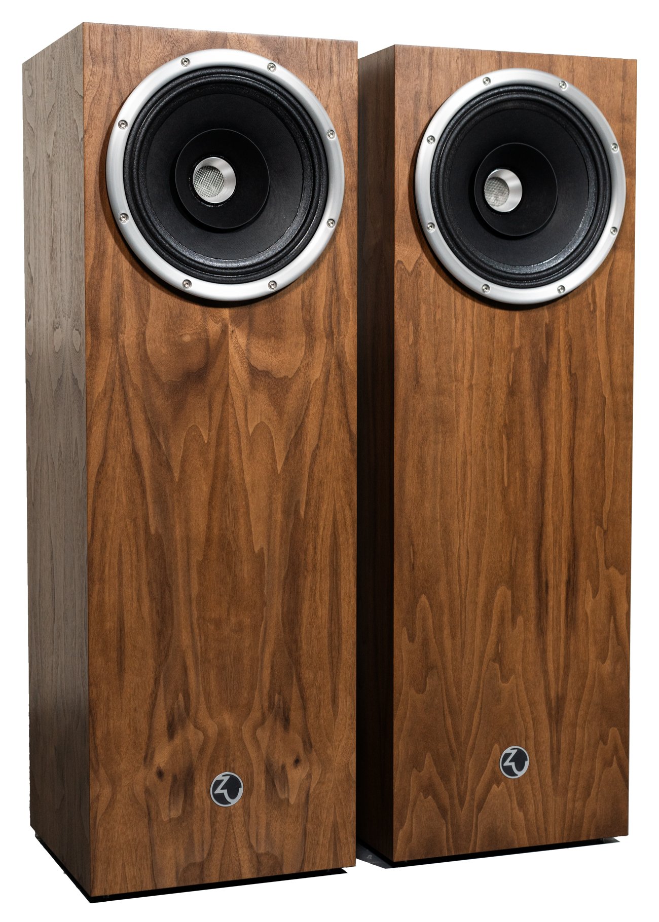 Isometric view photo of Zu Union Six loudspeakers finished in American walnut and silver trim - matched pair.