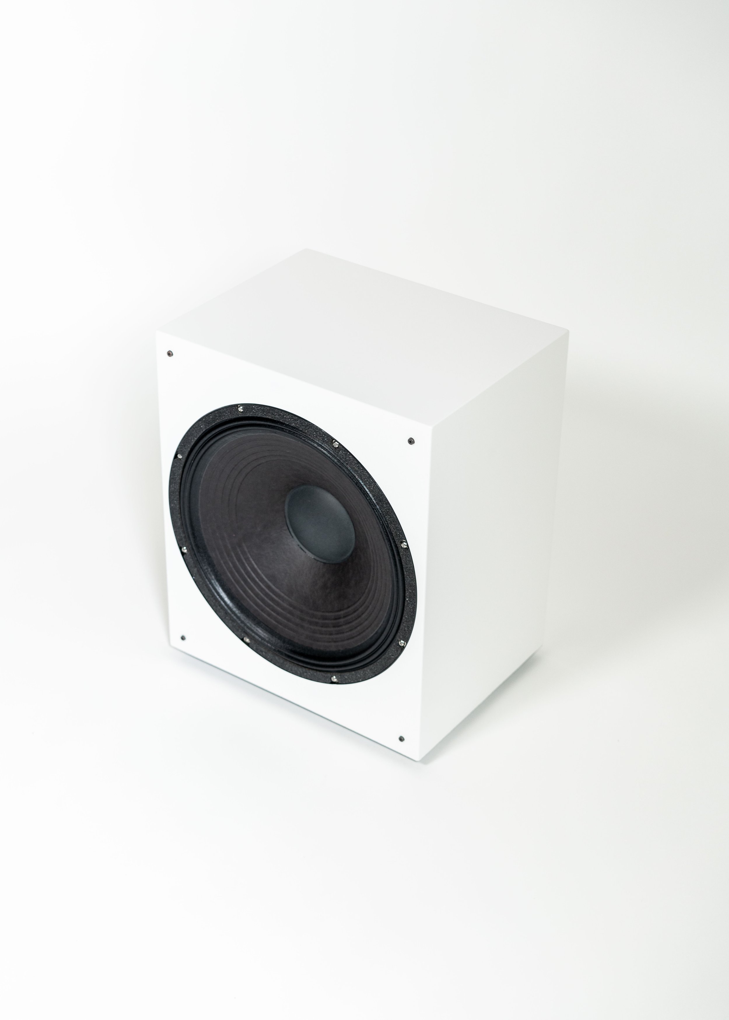 Isometric view photo of Zu Method Subwoofer finished in Nextel white.