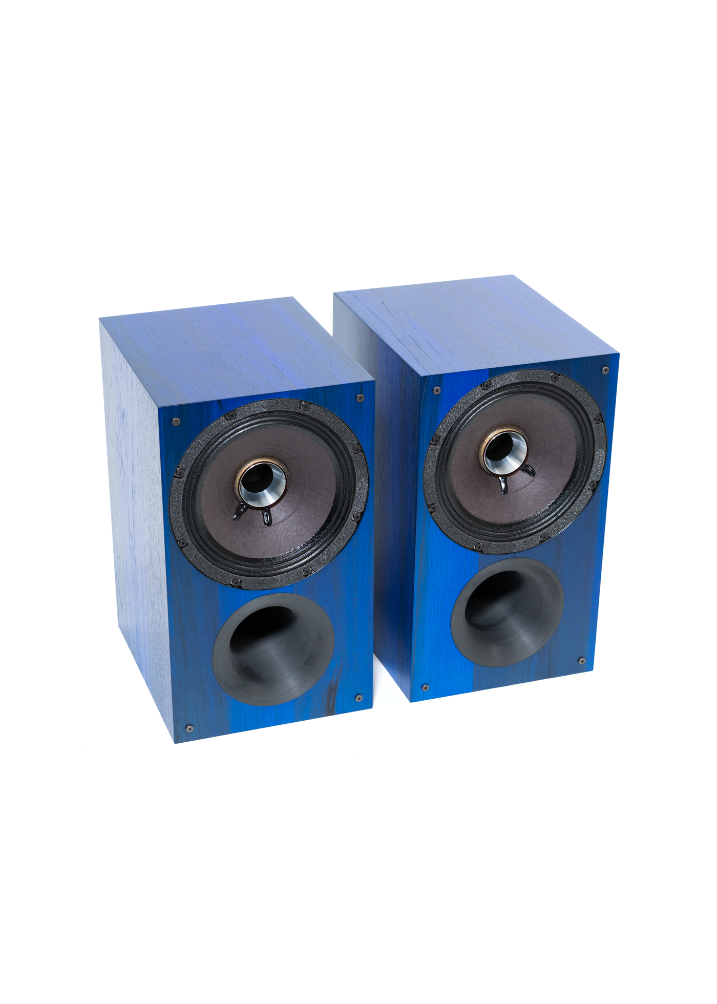 Photo of Zu Audio Method Bookshelf speakers, finished in electric blue hickory.