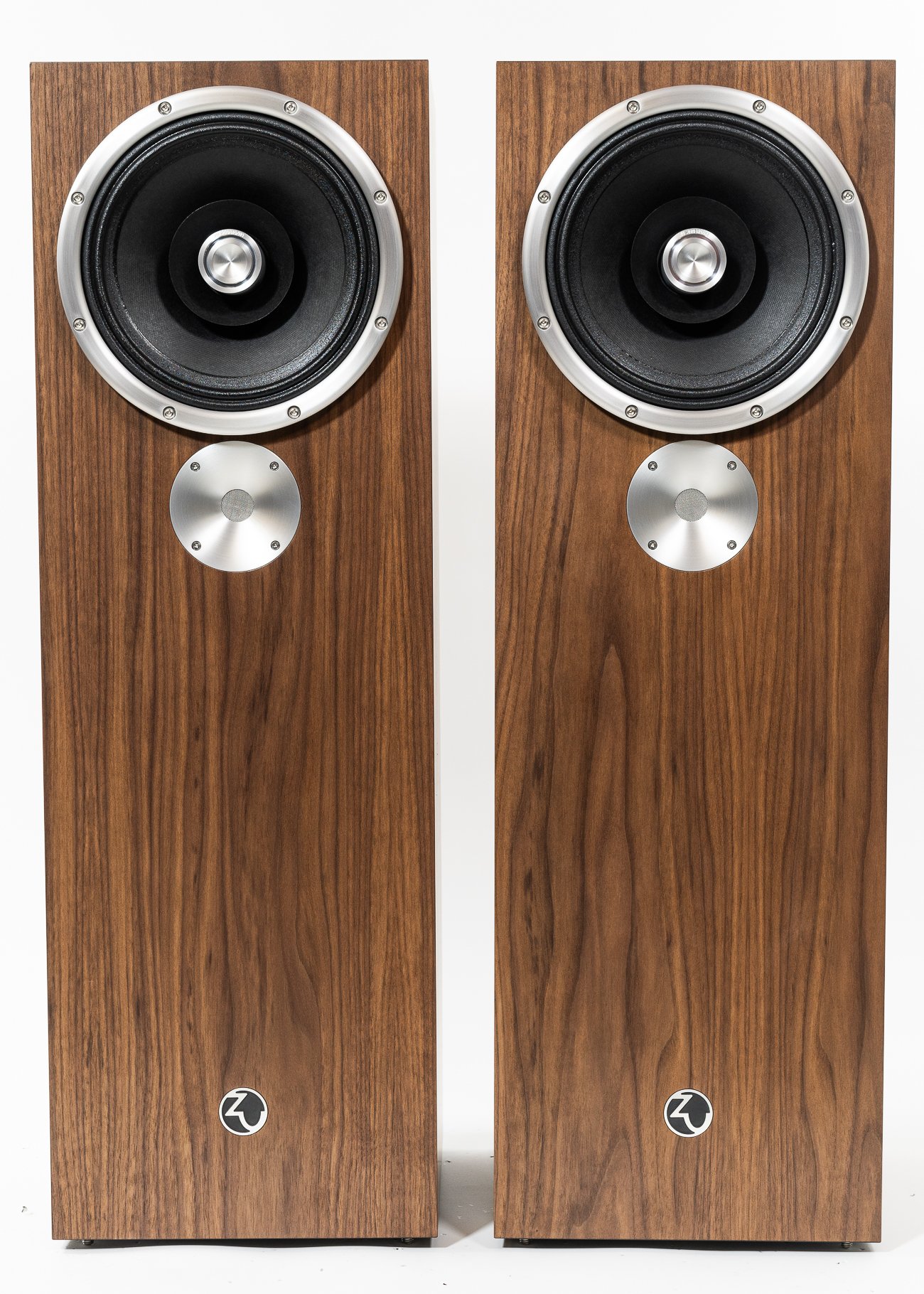 Photo of Zu DW-6 Supreme loudspeakers finished in walnut and silver trim - matched pair