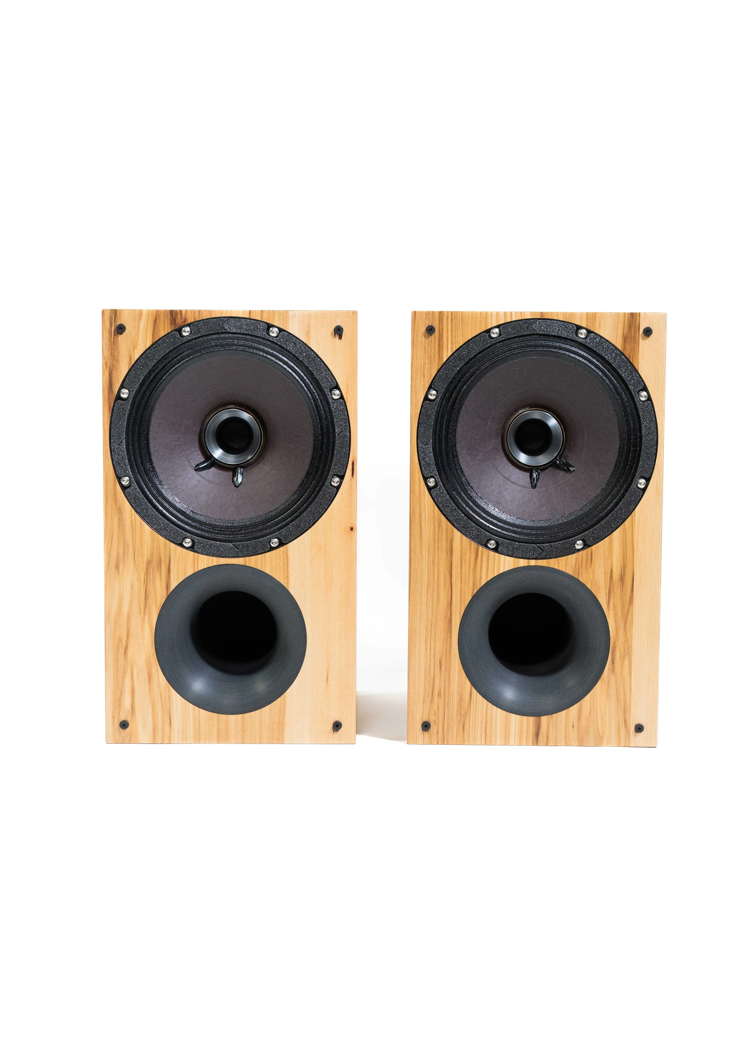 Photo of Zu Method Bookshelf loudspeakers finished in rustic hickory.