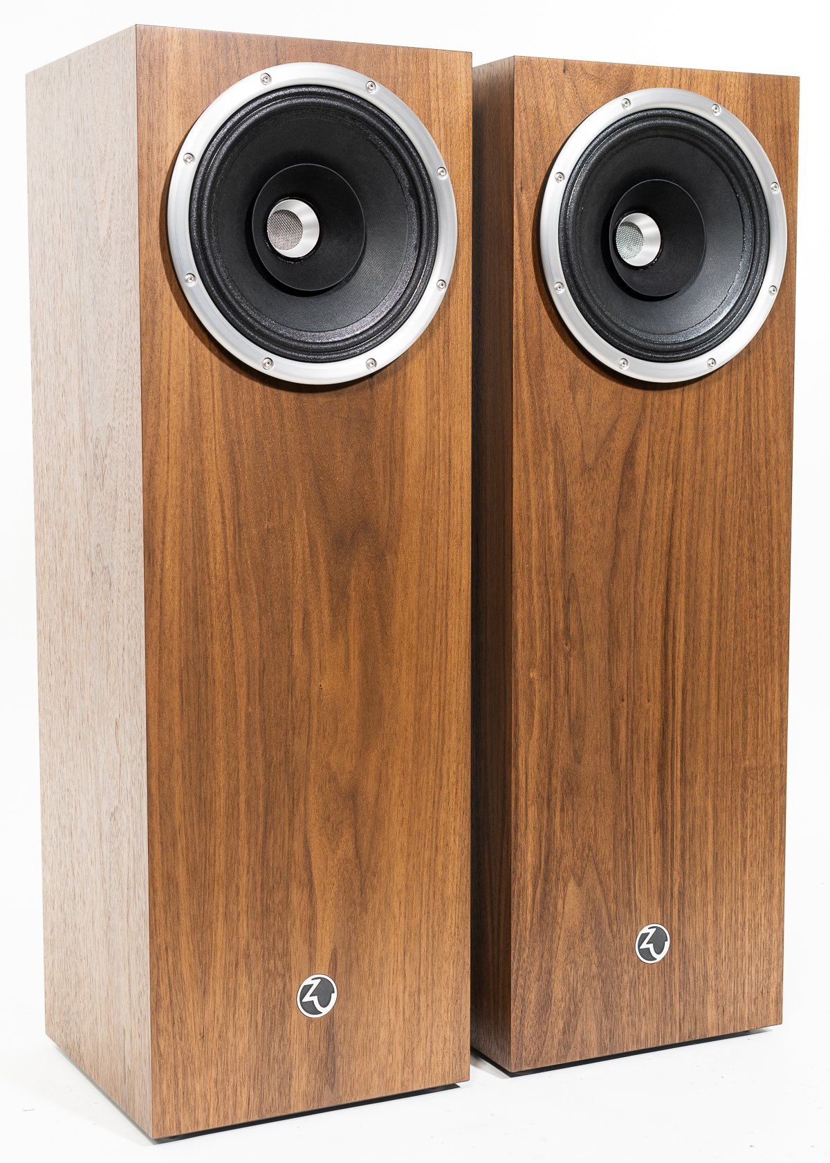 Isometric view photo of Zu Union Six loudspeakers finished in American walnut and silver trim - matched pair.