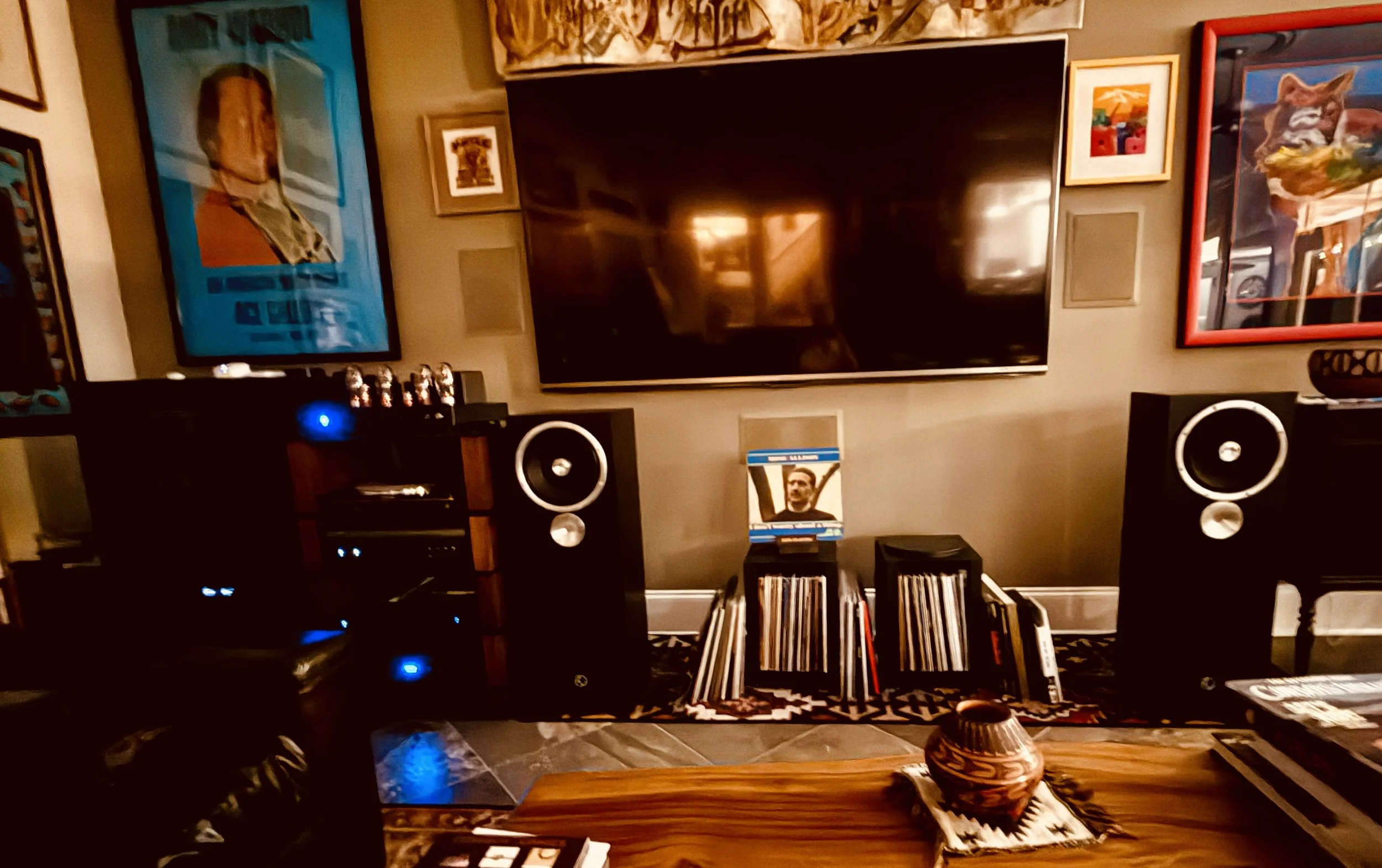 Zu DW-6,
Cary Audio SLI-100 integrated amp,
Denon DCD A110 anniversary SACD player,
AR EB-101 turntable w/Grado cartridge,
Cambridge Audio phono amp,
WIIM Pro Plus streamer,
Furman power conditioner,
Blok Stax shelf system,
Wharfedale speaker stands 
