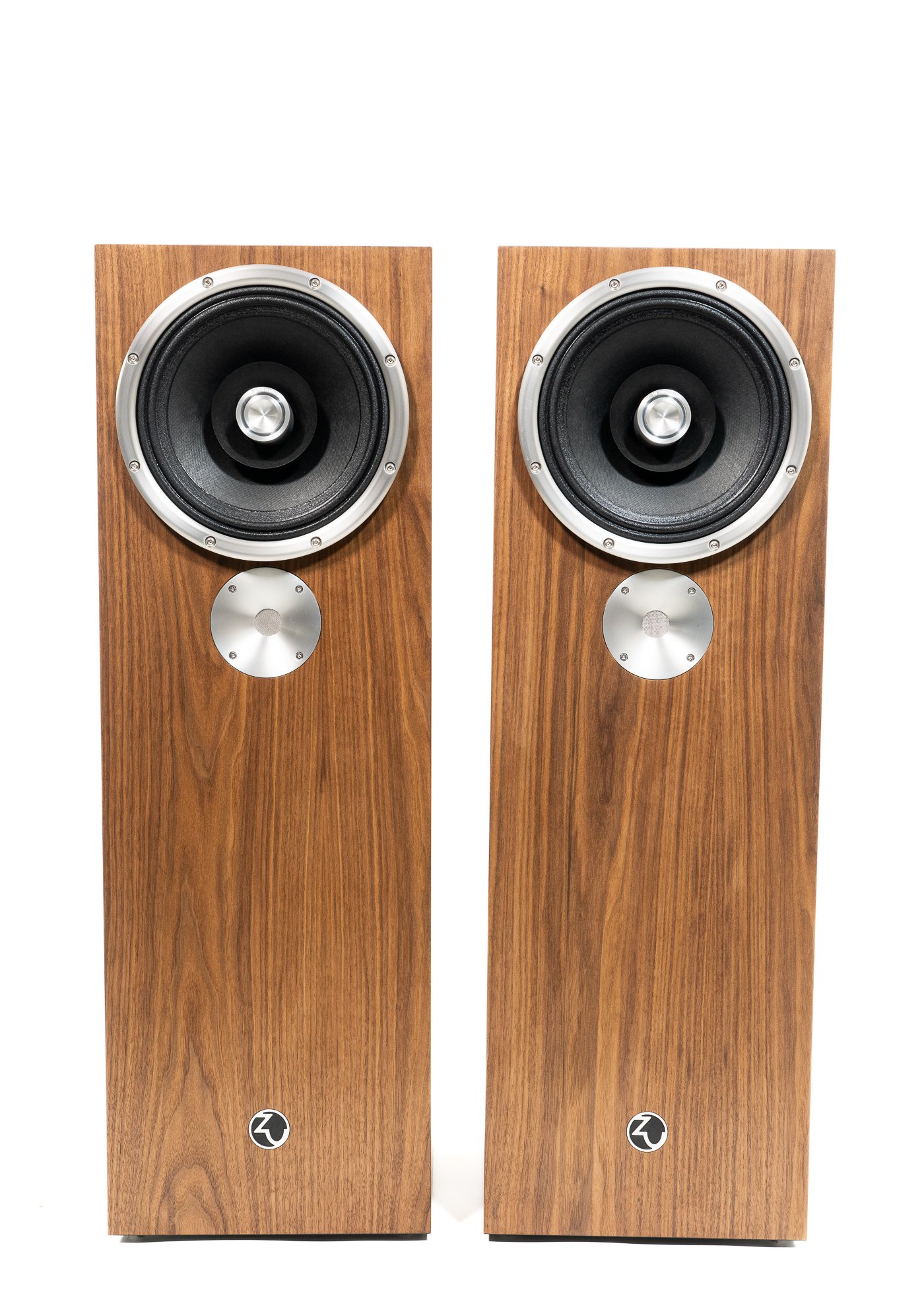 Photo of Zu DW-6 Supreme loudspeakers finished in American walnut and silver trim - matched pair.
