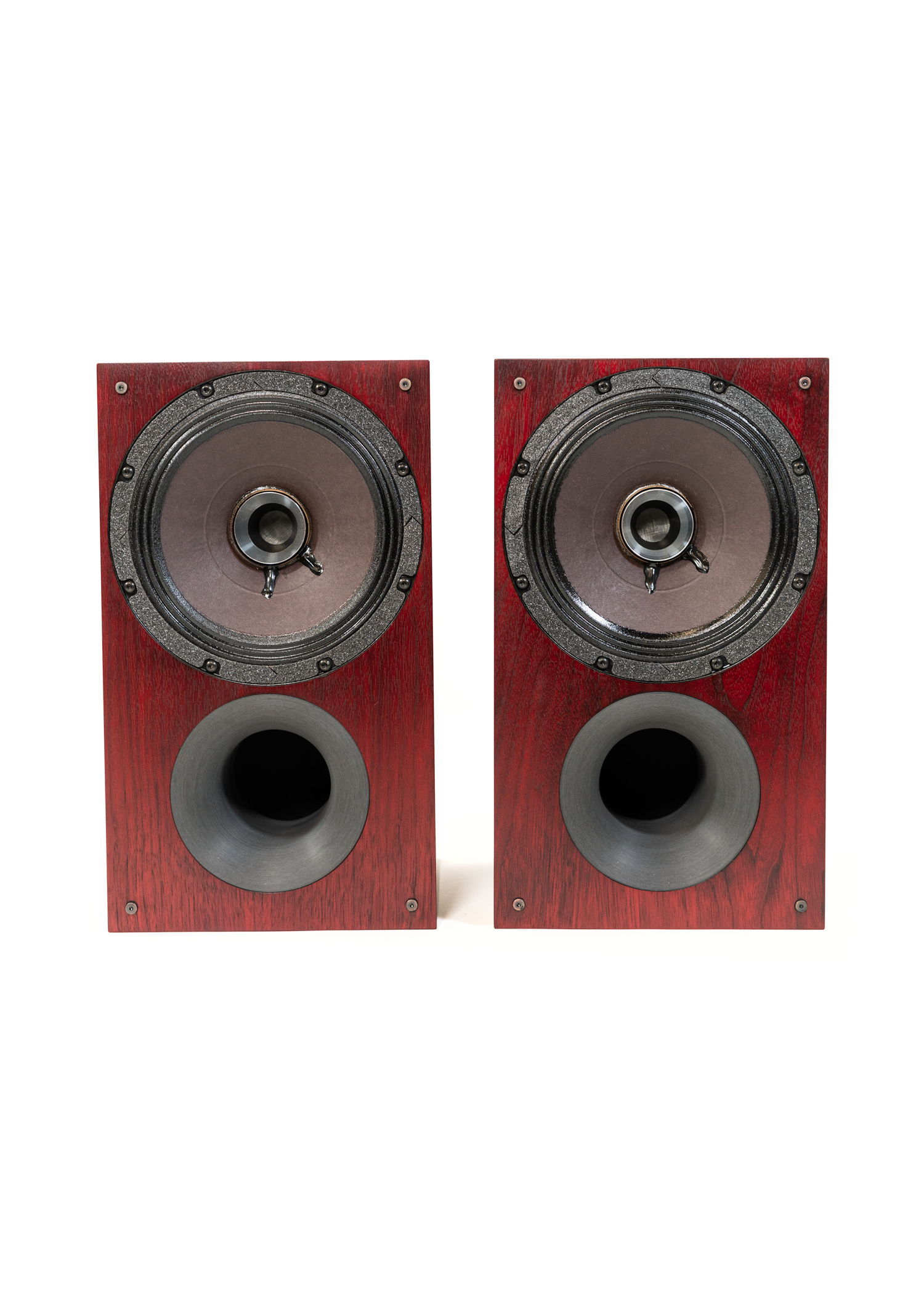 Head-on photo of Zu Audio Method Bookshelf speakers, finished in black filled grain and then candy red.