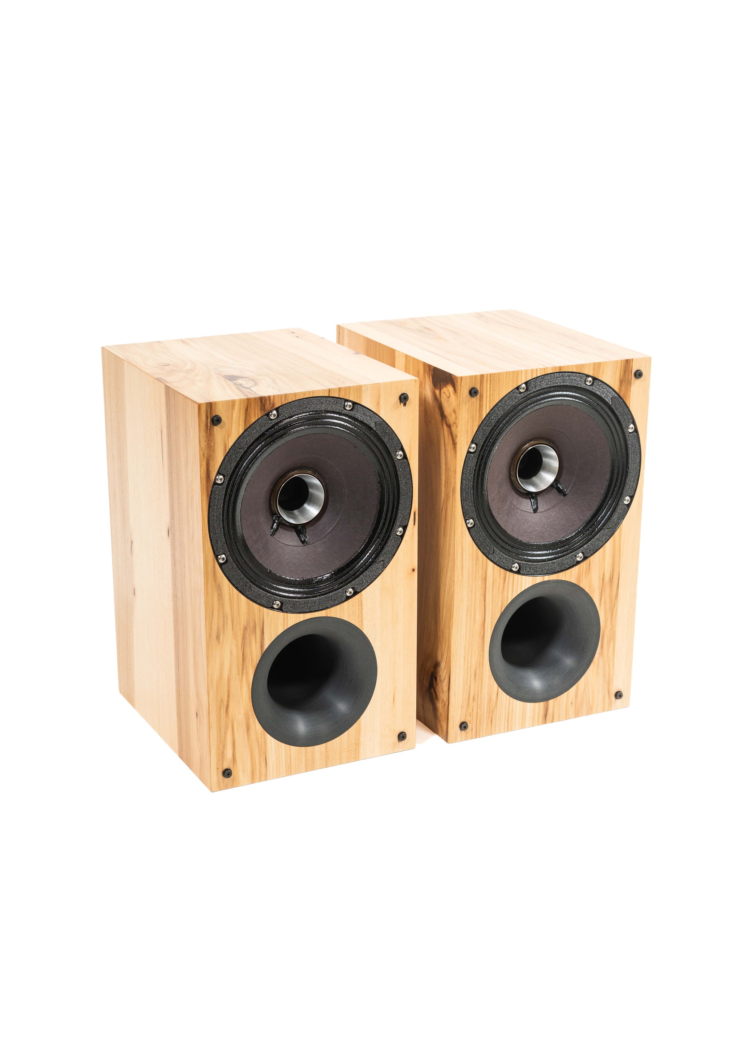 Photo of Zu Method Bookshelf speakers finished in rustic hickory.