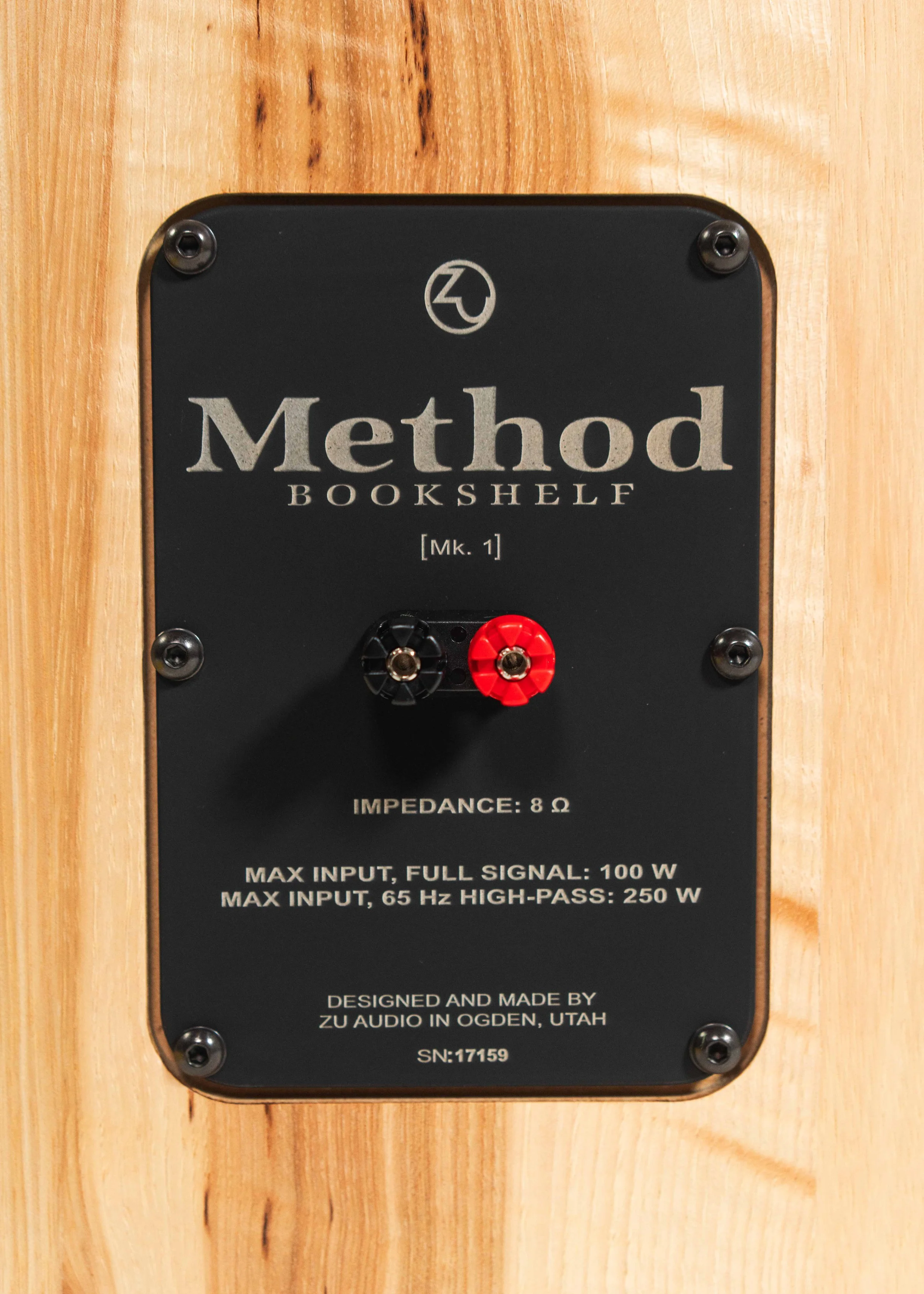 Closeup photo of nameplate of Zu Method Bookshelf speaker.