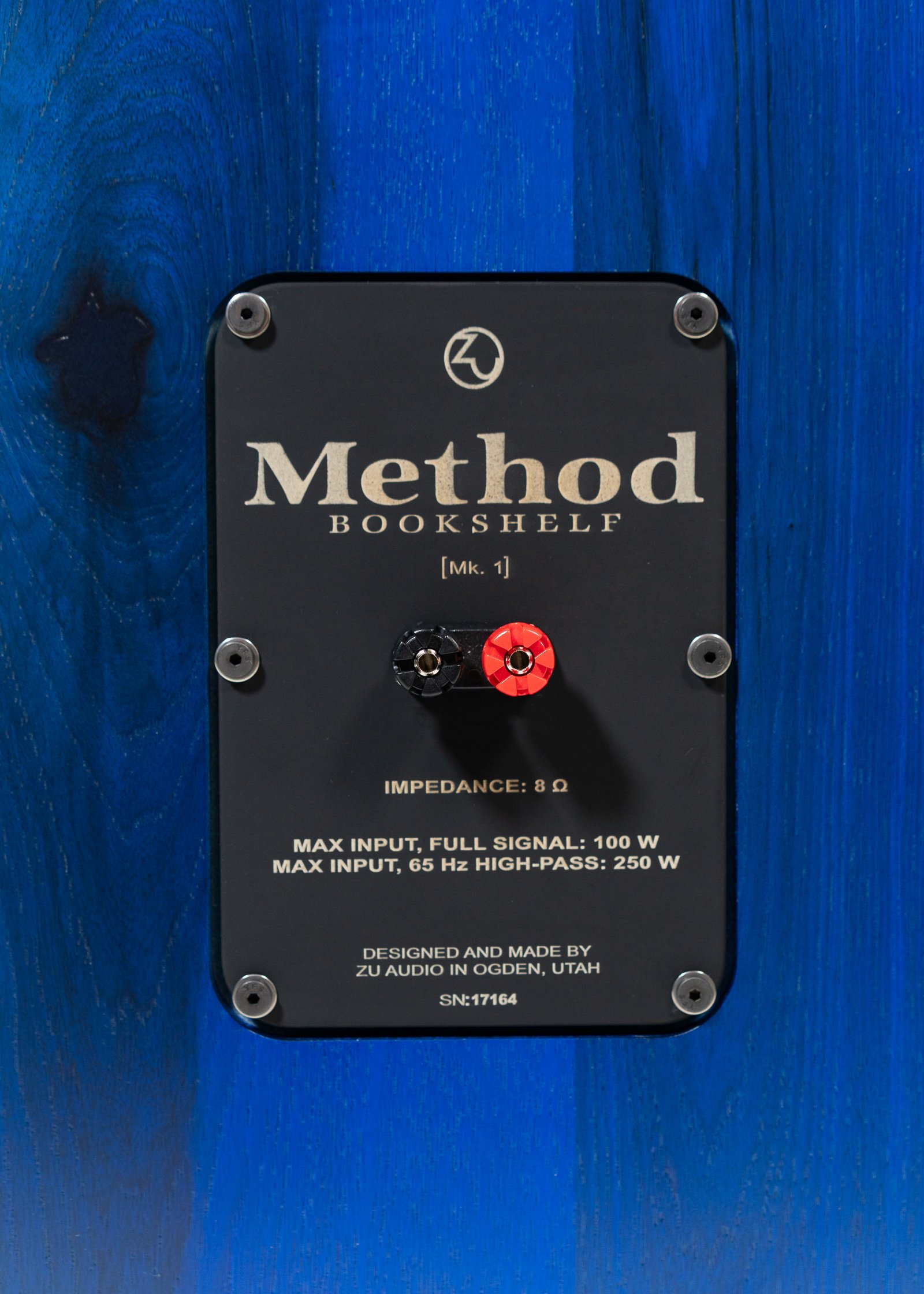 Closeup photo of nameplate of the Zu Audio Method Bookshelf speaker.
