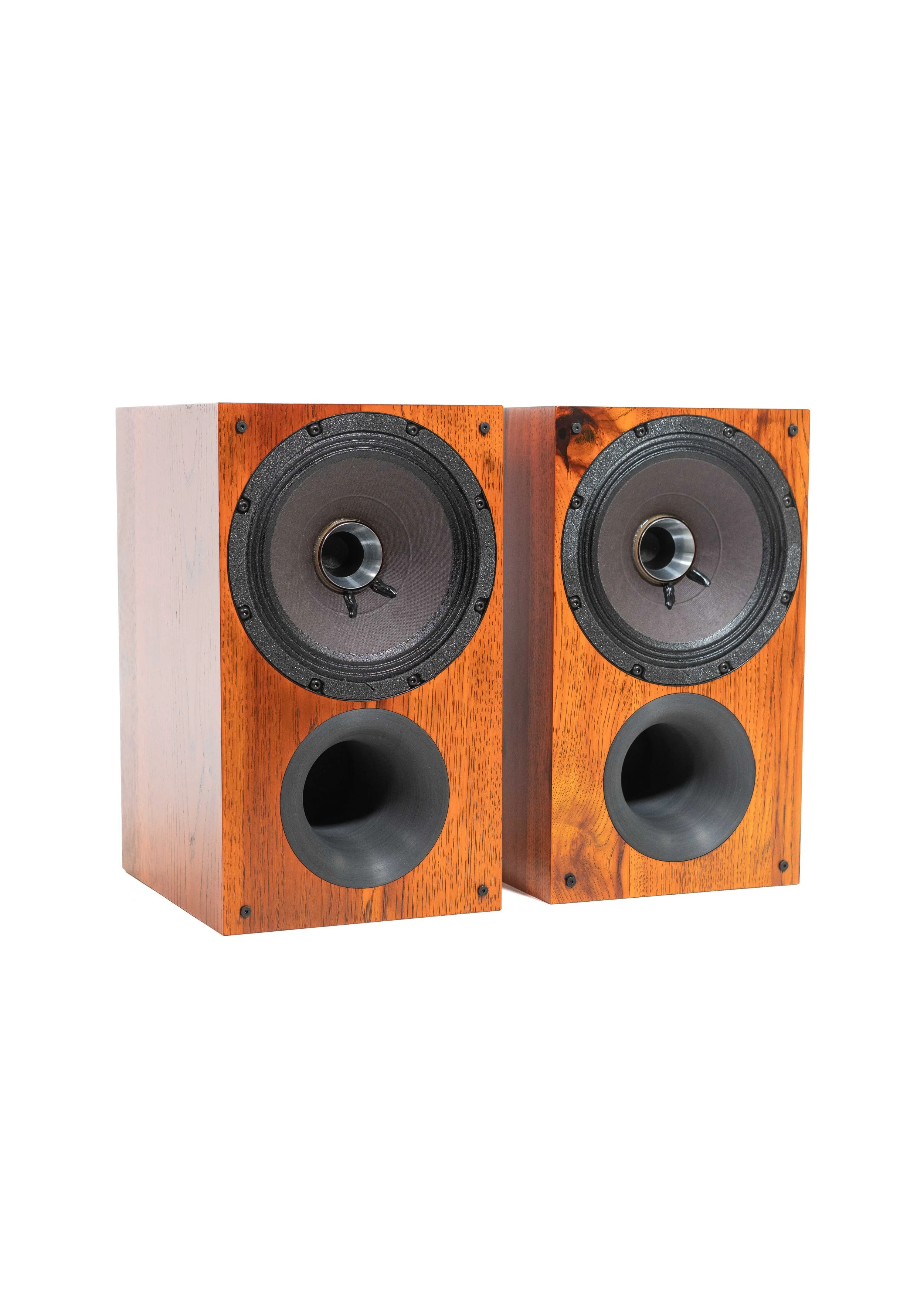 Photo of Zu Method Bookshelf pair finished in custom ember orange candy over rustic hickory.