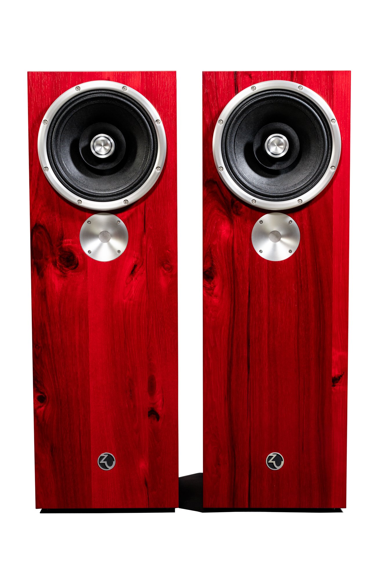 Zu DW-6 Superfly loudspeaker finished in ruby red hickory-gorgeous. Head-on.