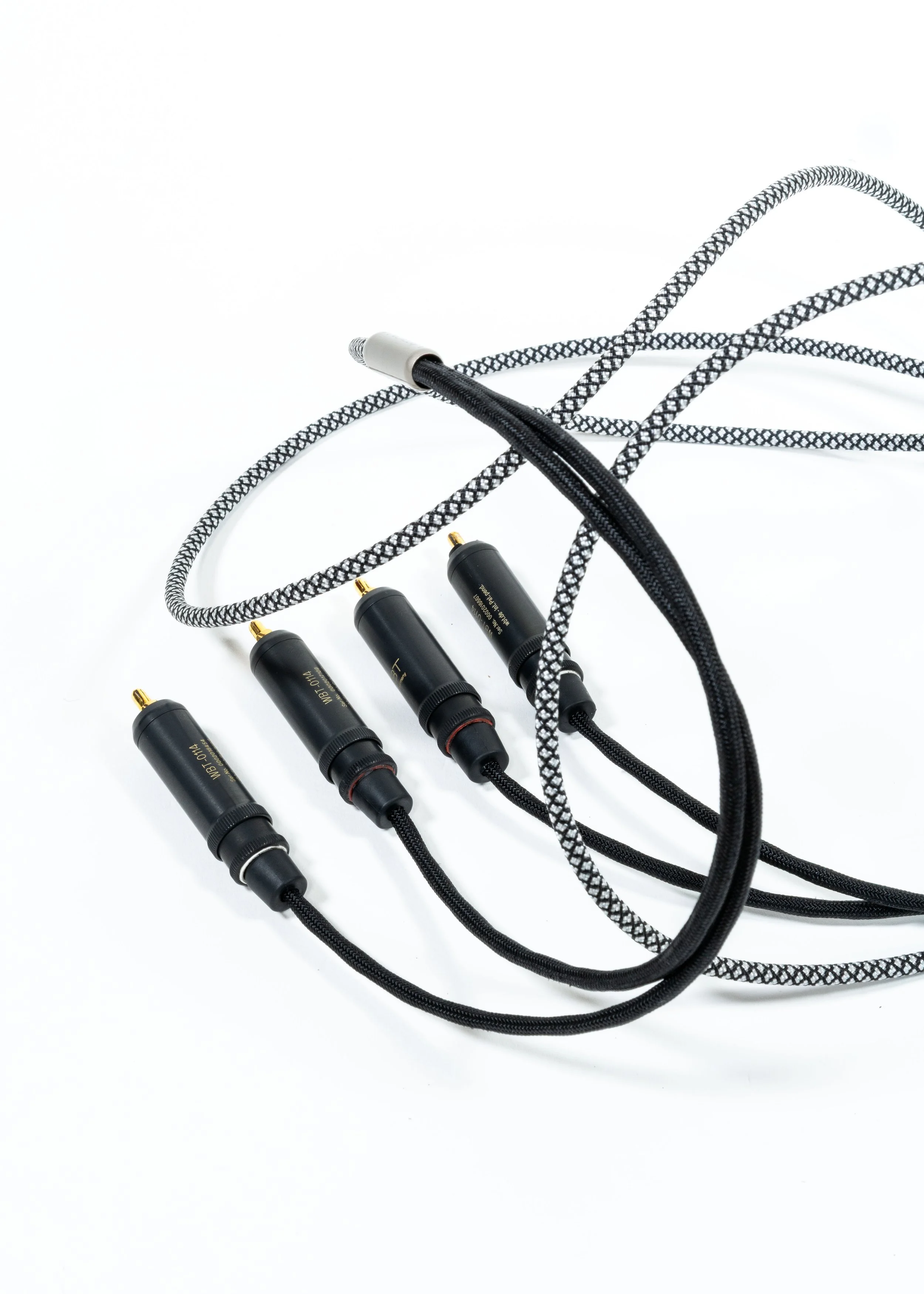 Closeup photo of Zu Mission-RCA 2.0m interconnecting cable with WBT-Cu connectors.
