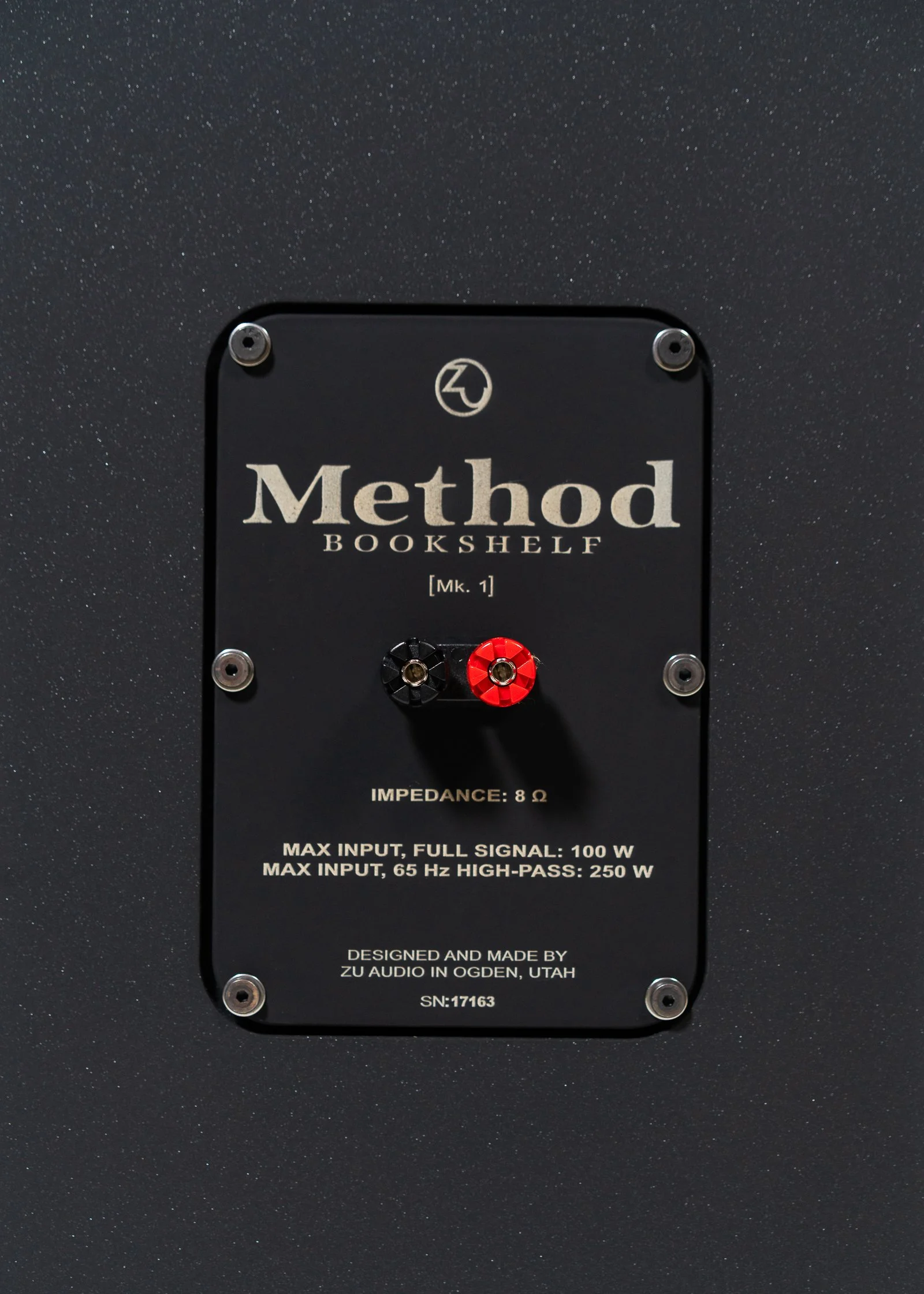 Closeup of nameplate of the Zu Audio Method Bookshelf loudspeaker.