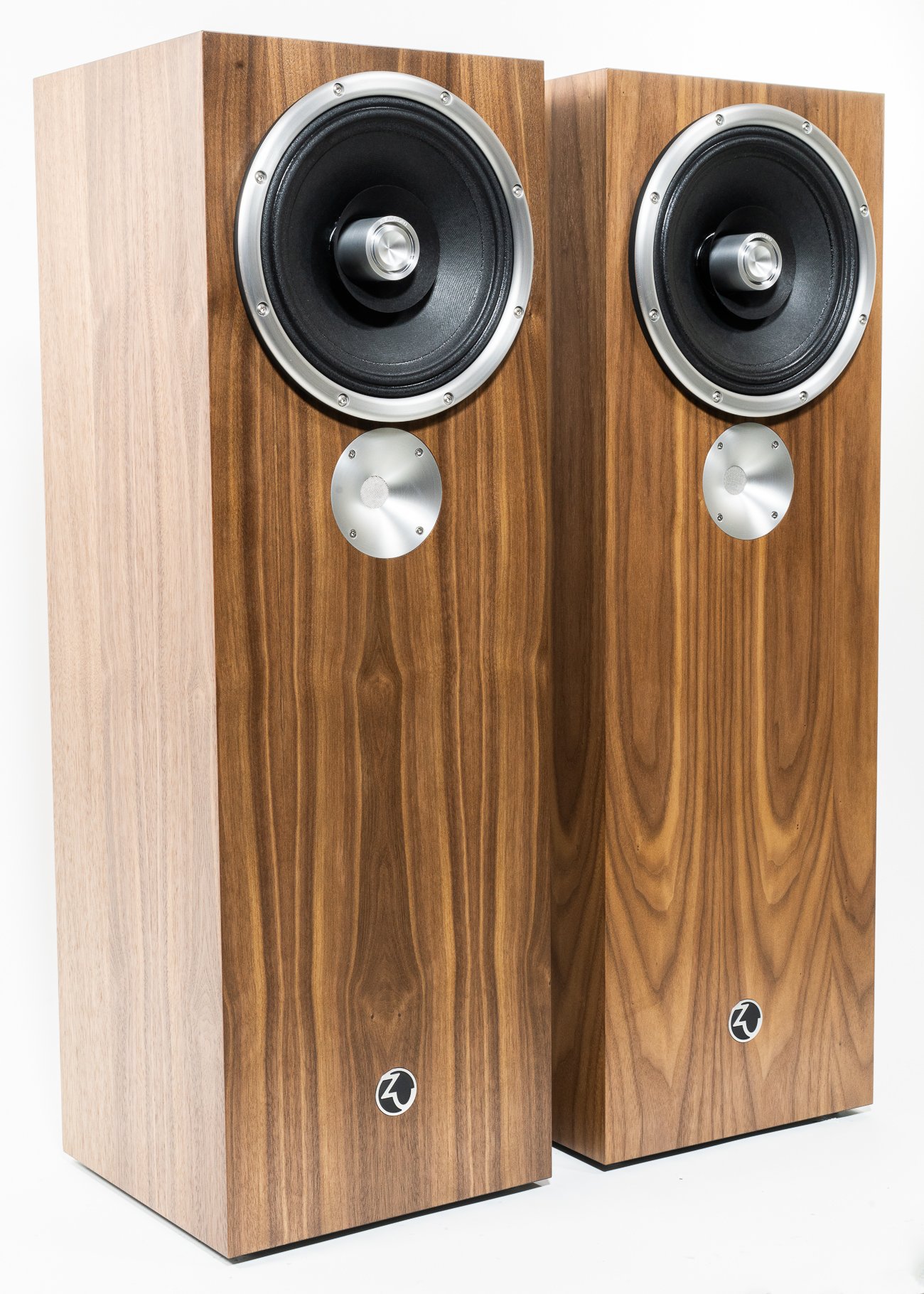 Isometric view closeup photo of Zu Dirty Weekend Six loudspeaker finished in American walnut and silver machined aluminum trim - matched pair.