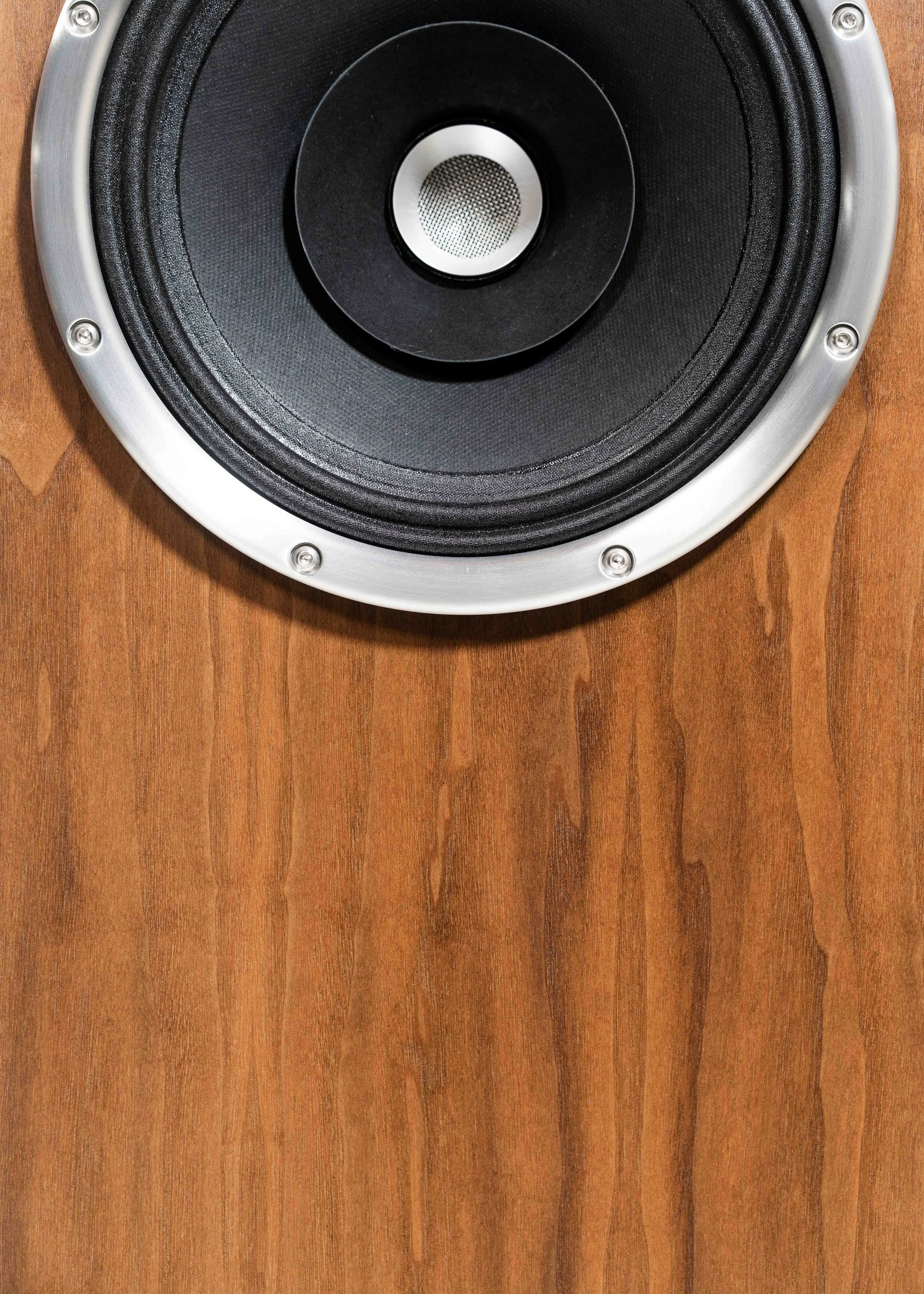 Closeup photo of Zu Union Six loudspeaker finished in American walnut.