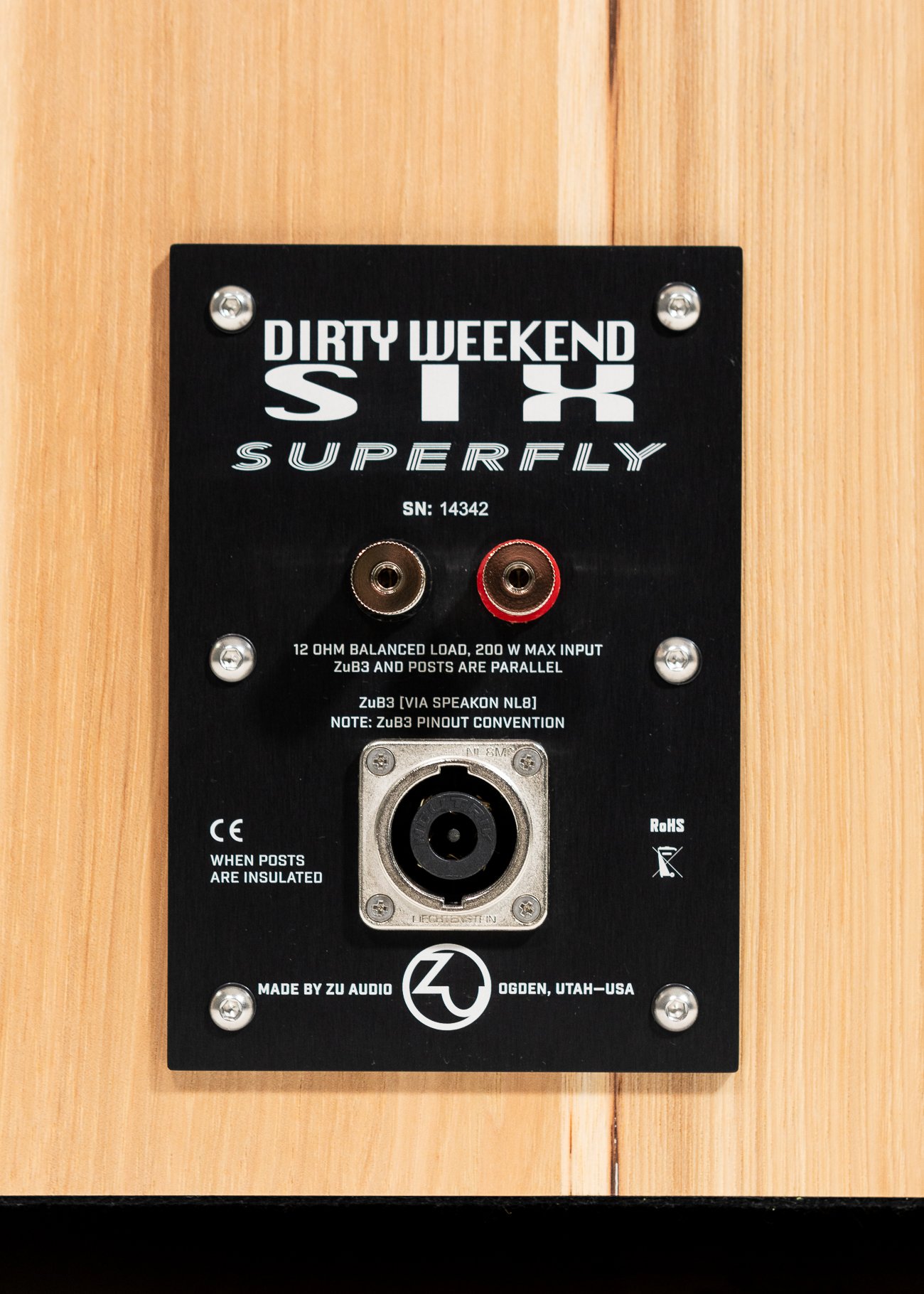 Closeup photo of Zu DW-6 Superfly nameplate and connections.