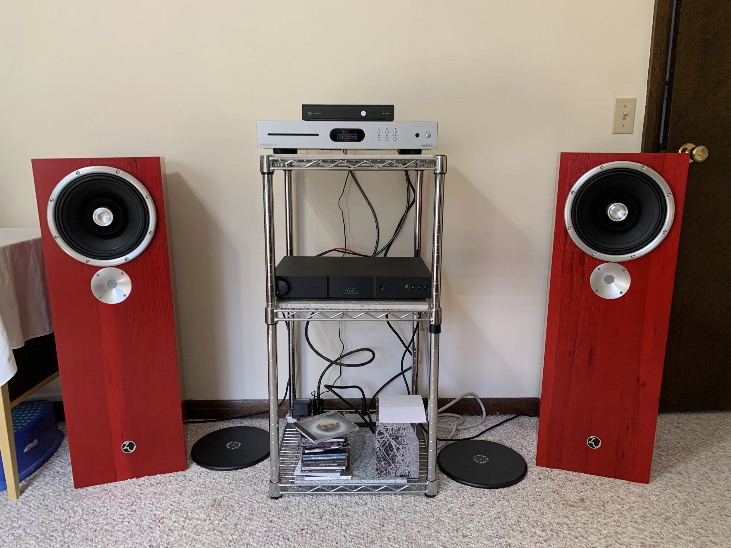  Zu Audio DW6 Superflies,

Naim Nait 5si integrated amp,
Audiolab 6000CDT CD transport,
Schiit Mimir DAC,

Cables and interconnects by Zu Audio and Black Cat.