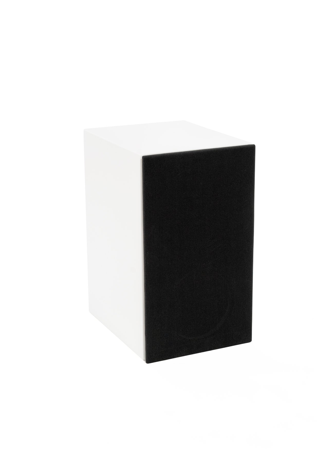 Closeup photo of a single Zu Method Bookshelf finished in satin white and shown with grille on.
