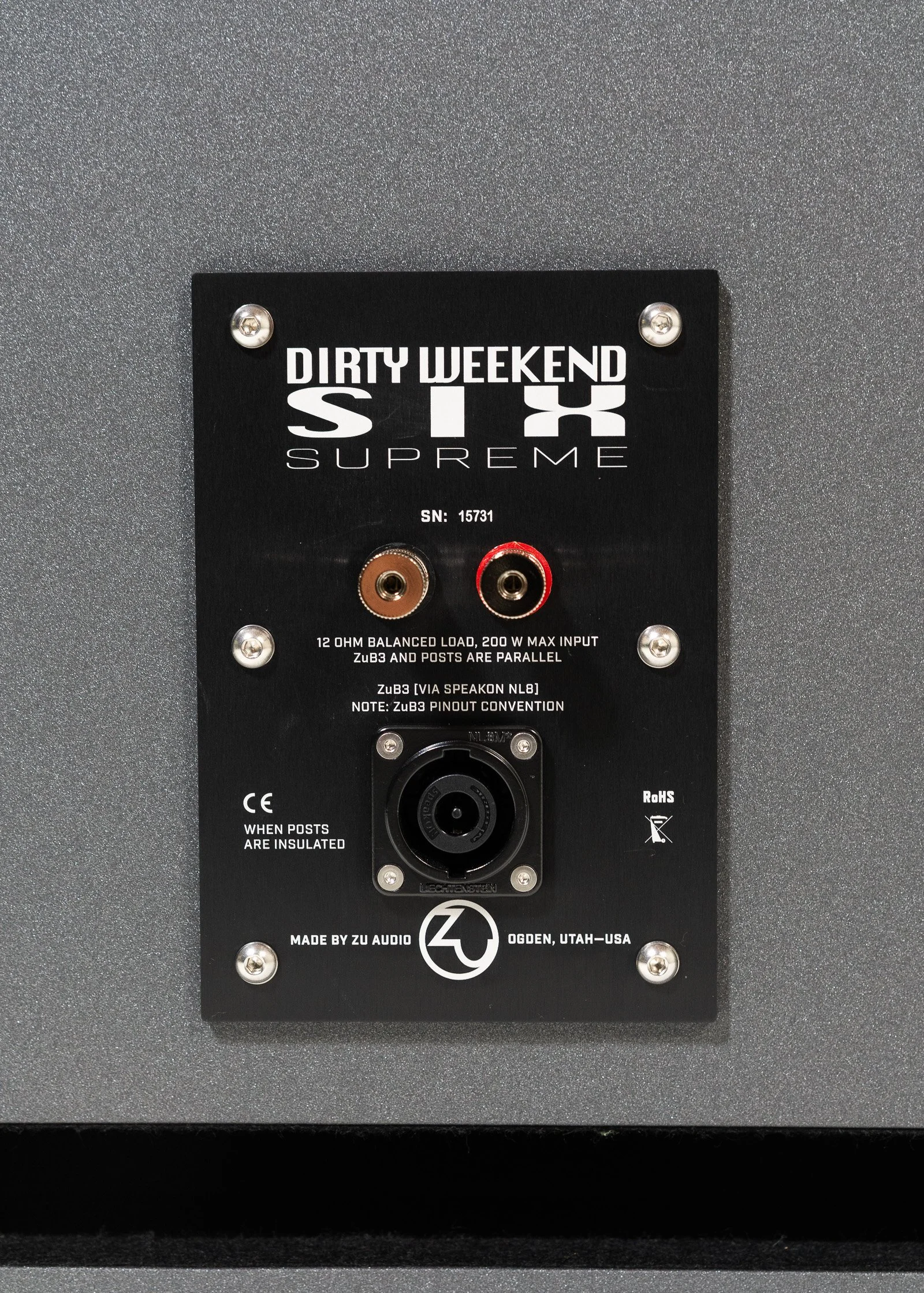 Nameplate photo of Zu Audio DW-6 Supreme finished cosmic carbon and black trim.