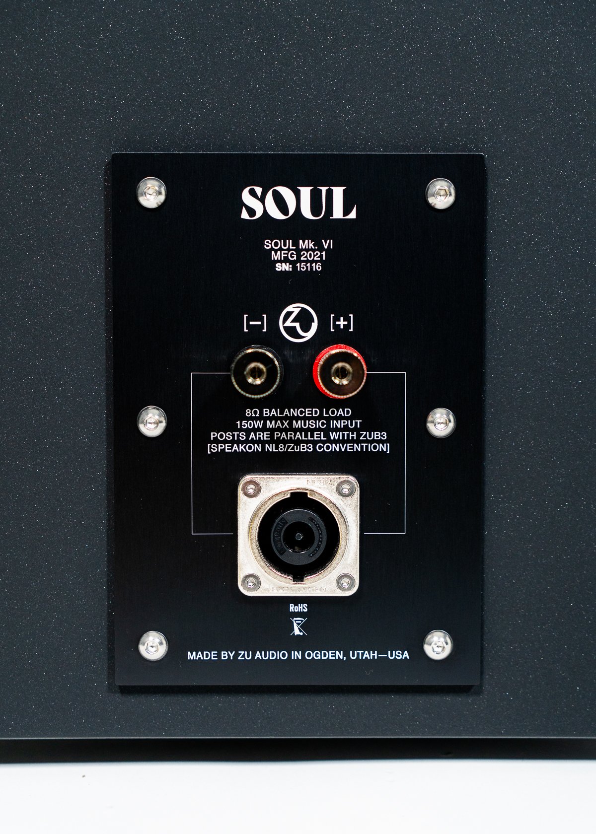 Closeup photo of Zu Soul 6 nameplate and connections.