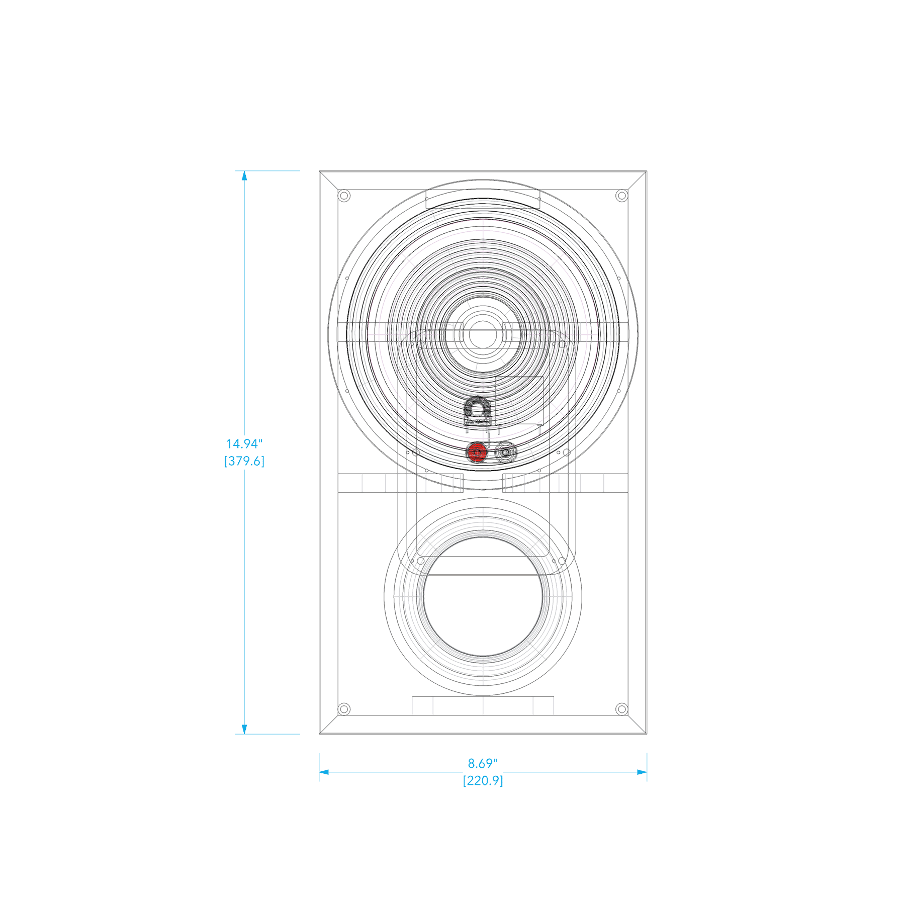 Technical line-art drawing of Zu Method Bookshelf, front view.