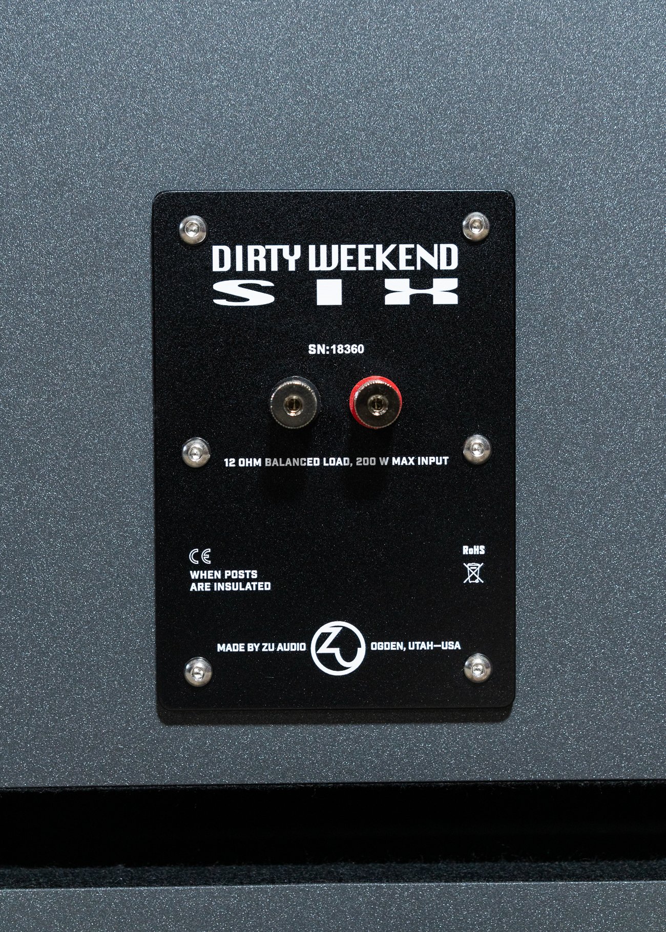 Closeup photo of Zu DW6 nameplate and connections.