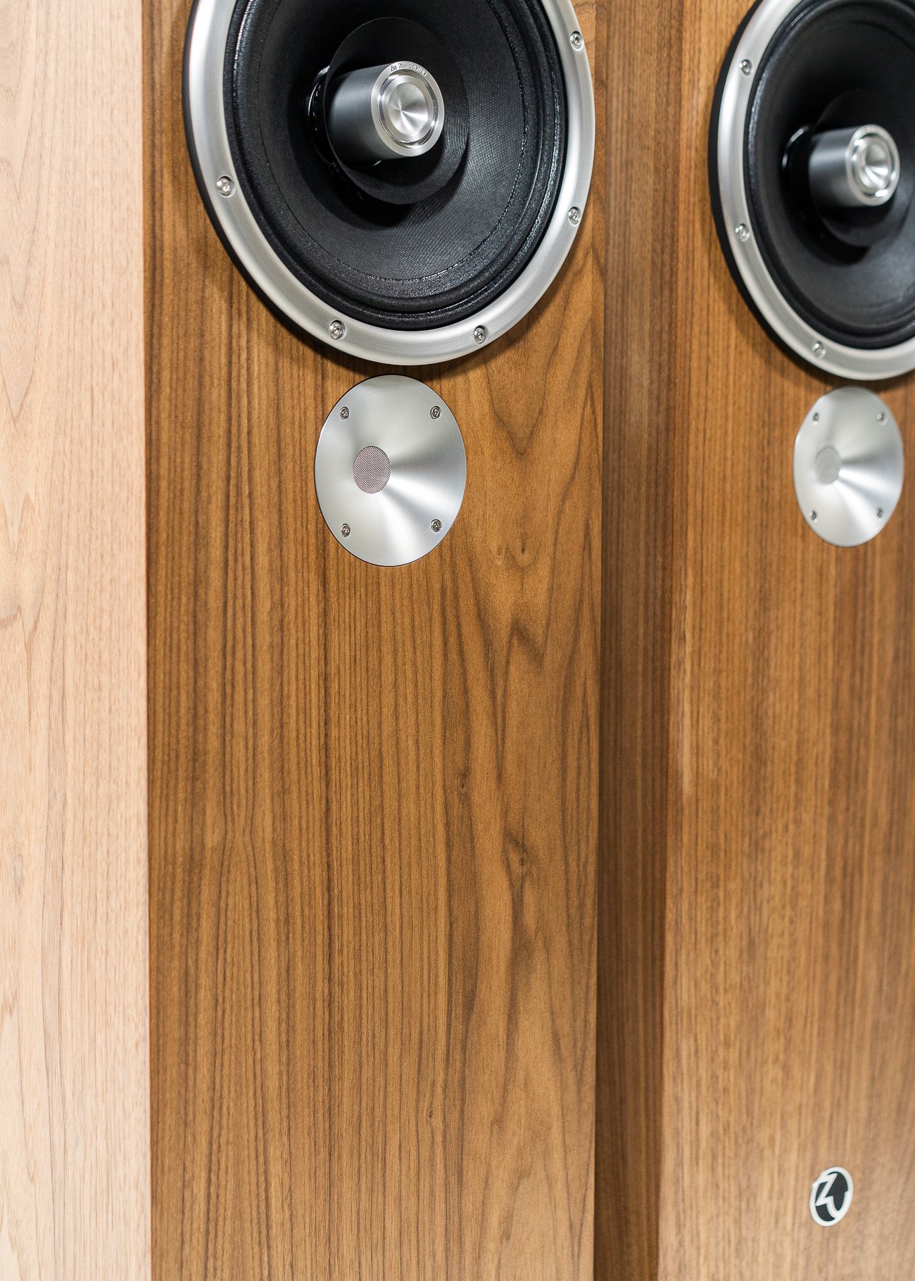 Isometric view photo of Zu DW-6 speakers finished in American walnut - matched pair.