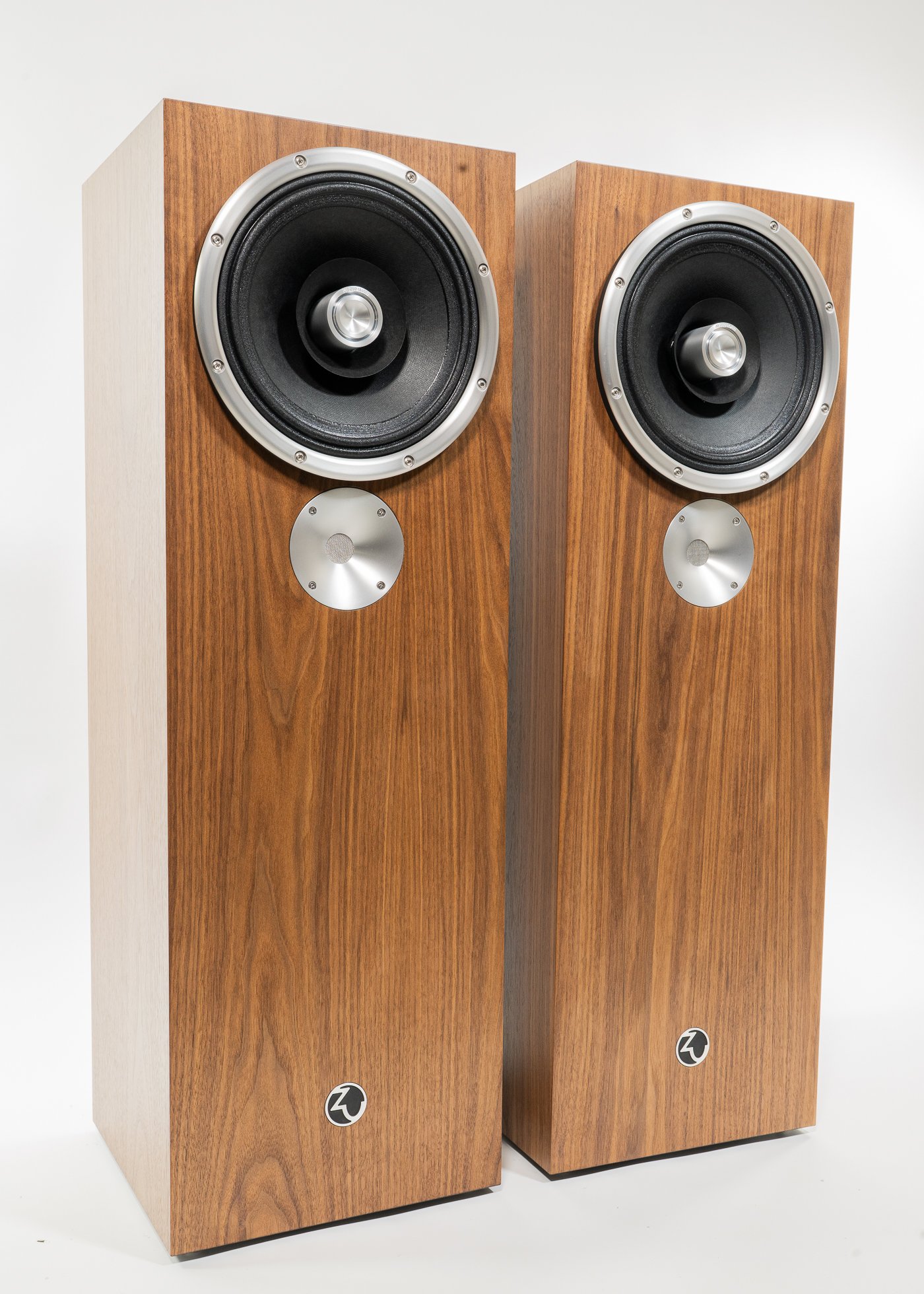 Isometric view photo of Zu DW-6 Supreme loudspeakers finished in American walnut and silver trim - matched pair.