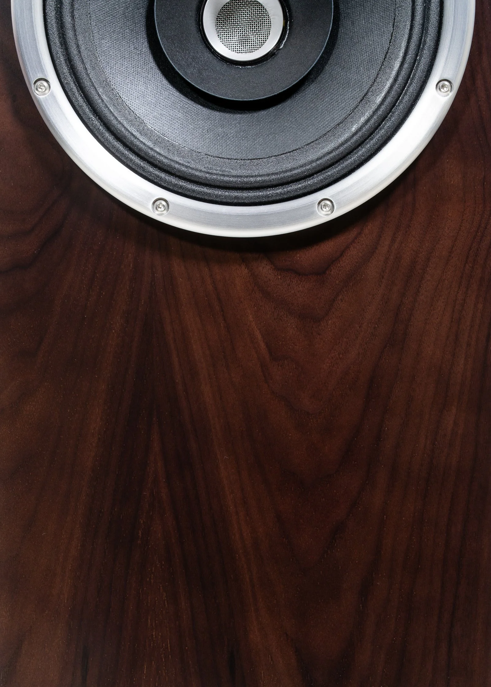 Closeup photo of Zu Union Six loudspeakers finished in dark brown American walnut.