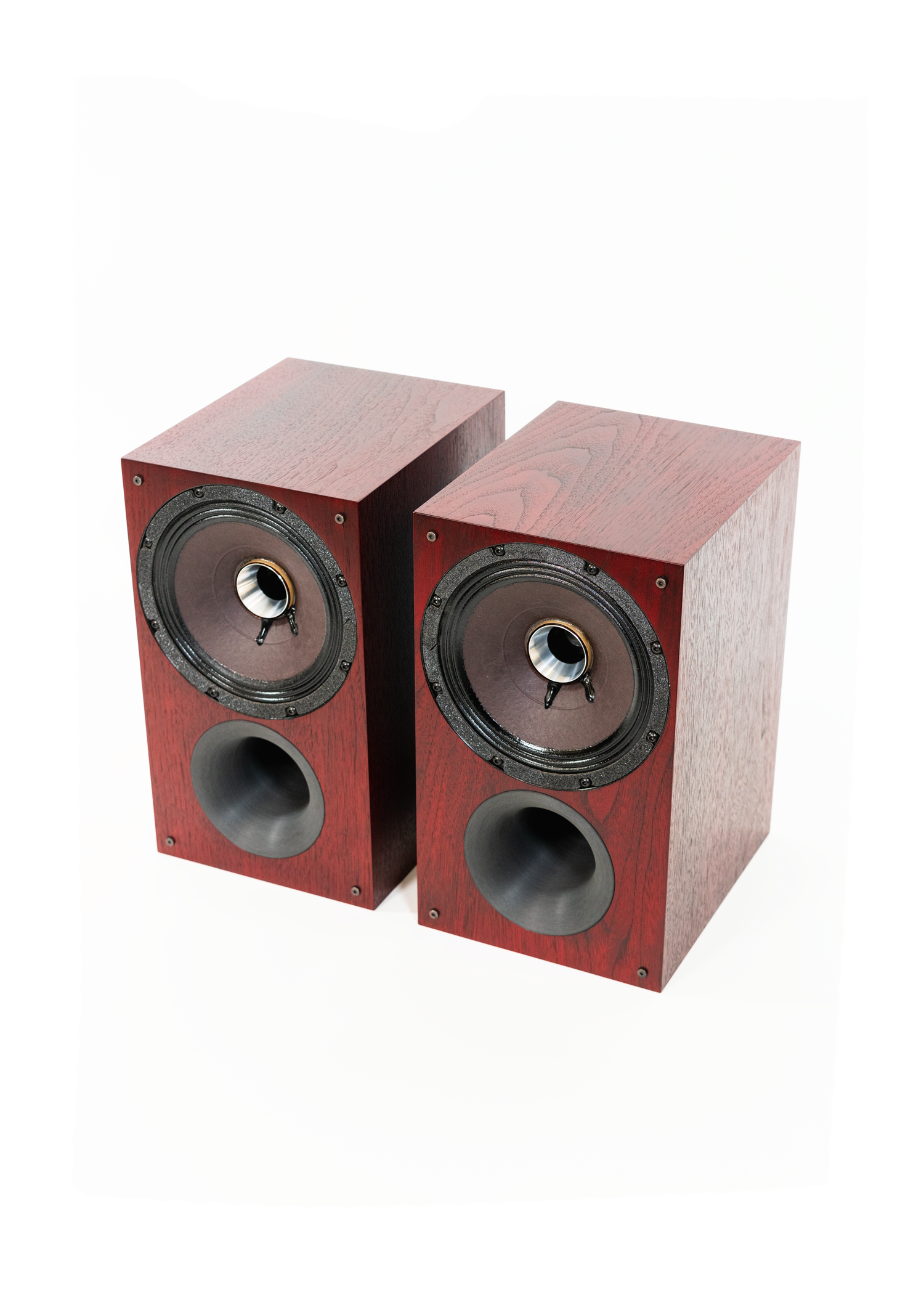 Photo of Zu Audio Method Bookshelf speakers, finished in black filled grain and then candy red.