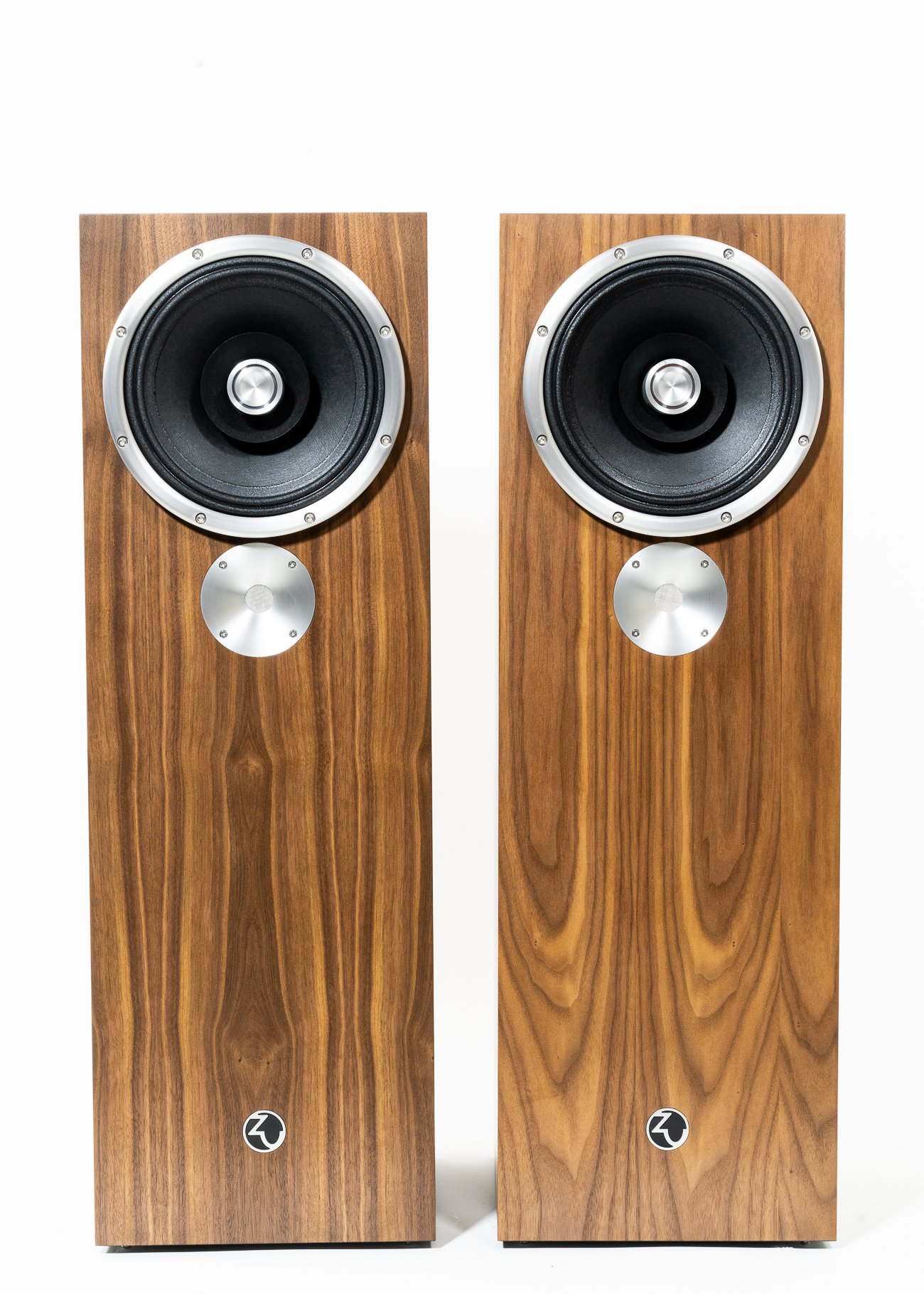 Photo of Zu Dirty Weekend Six loudspeaker finished in American walnut and silver machined aluminum trim - matched pair.