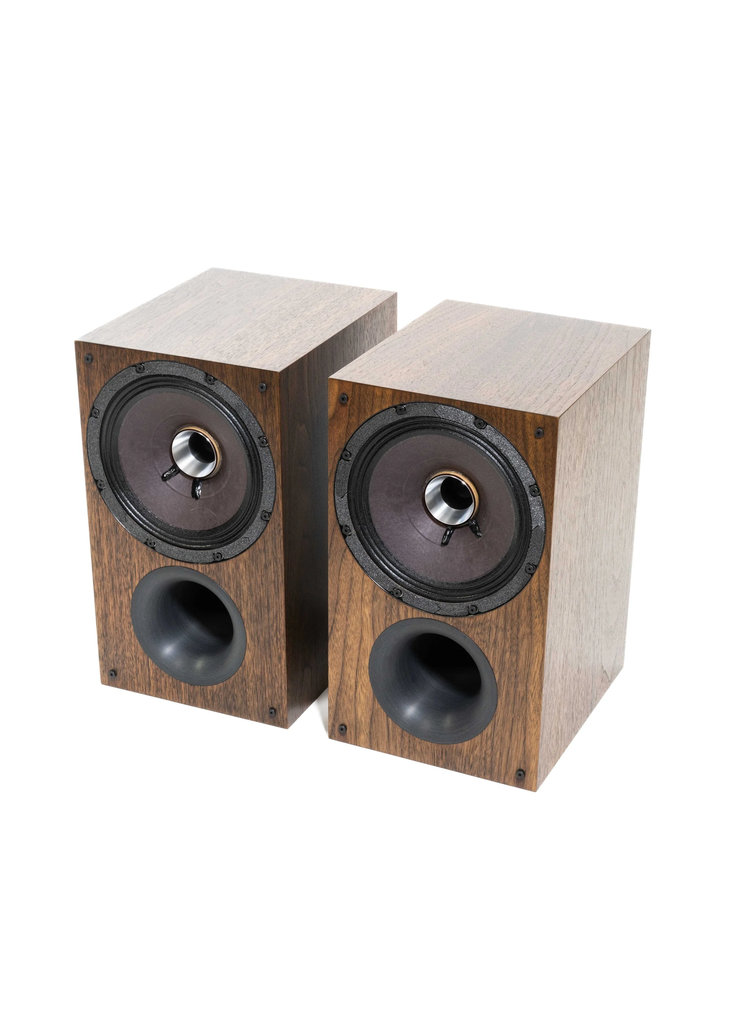 Isometric view photo of Zu Audio Method Bookshelf loudspeakers finished in hand rubbed dark American walnut.