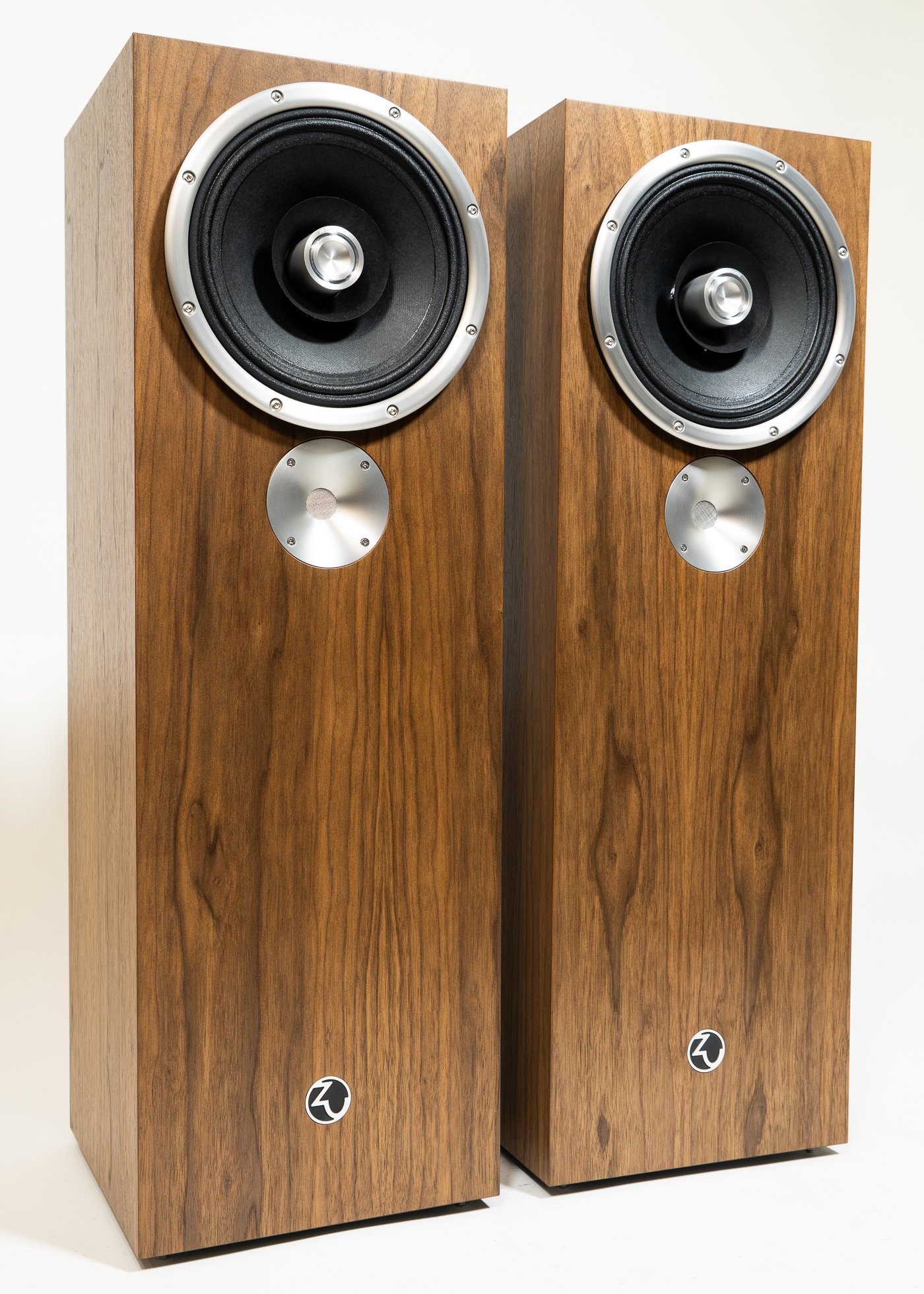 Isometric view photo of Zu DW-6 finished in American walnut - matched pair.