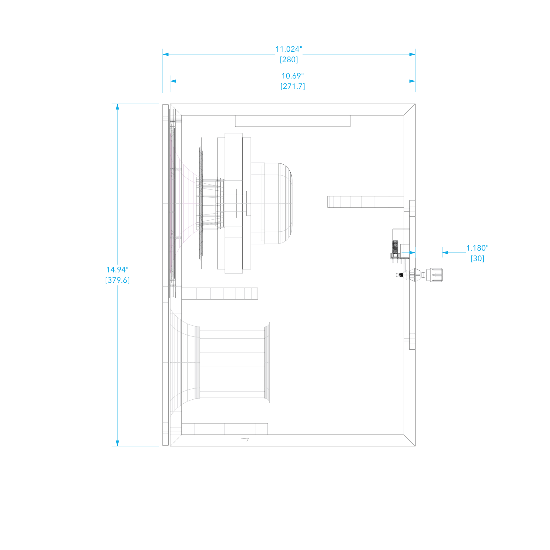 Technical line-art drawing of Zu Method Bookshelf, side view.