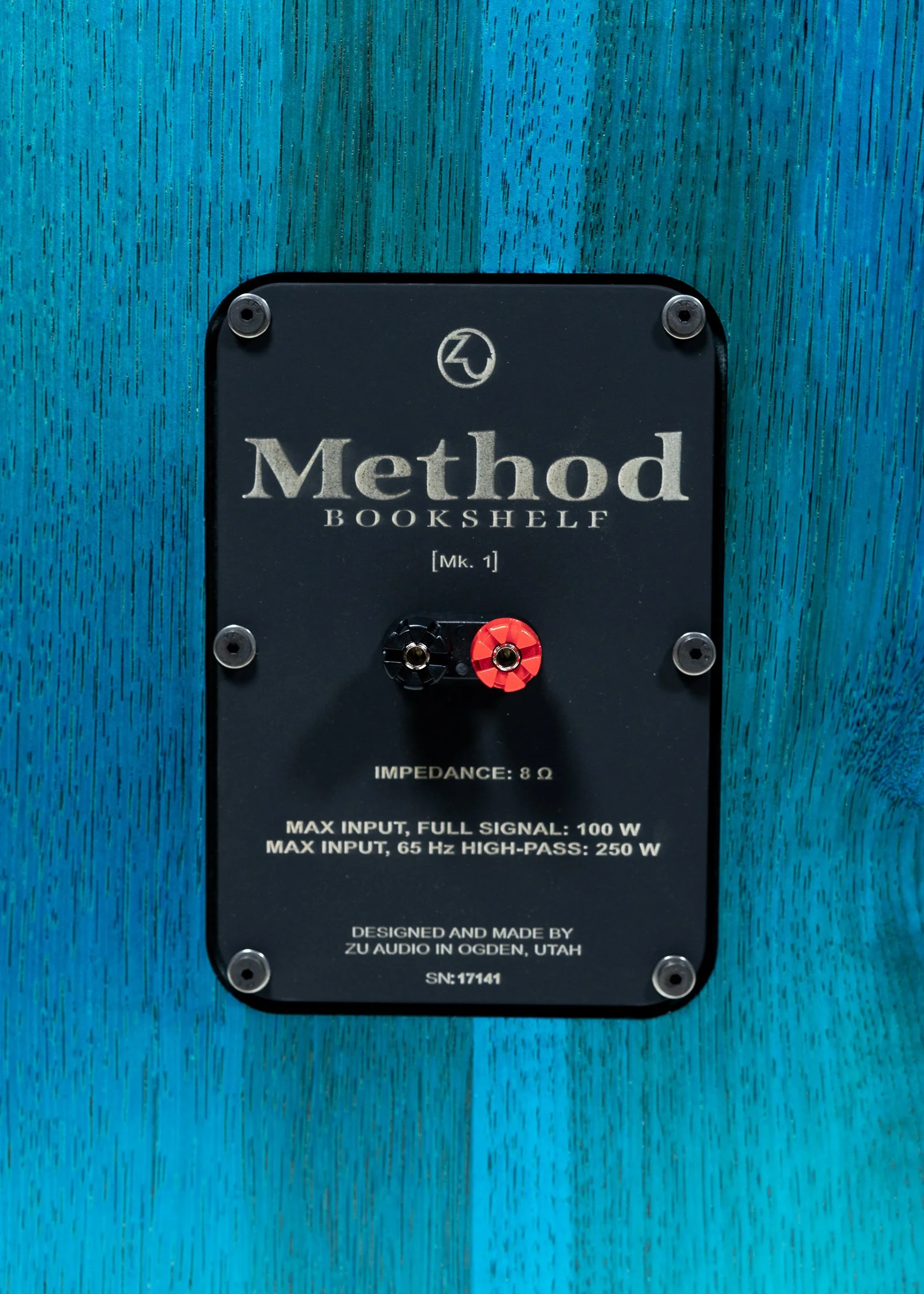 Closeup of nameplate and connectors of Method Bookshelf.